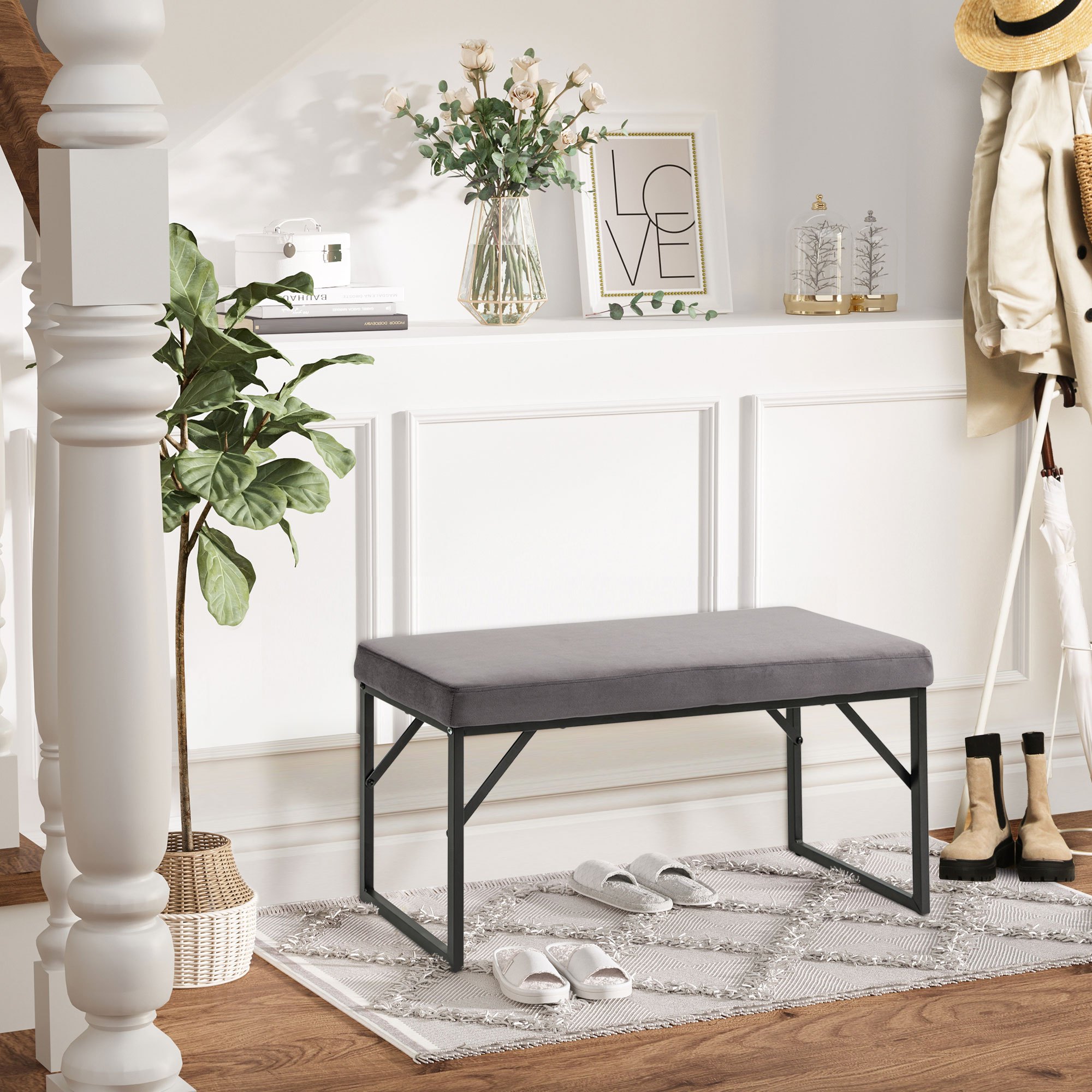 Image of Velvet-look Upholstered Bench, Vanity Bench, Hallway Bench For Living Room, Bedroom, Supports Up To 200 Kg, Steel, Dark Grey, 100 X 35 Cm