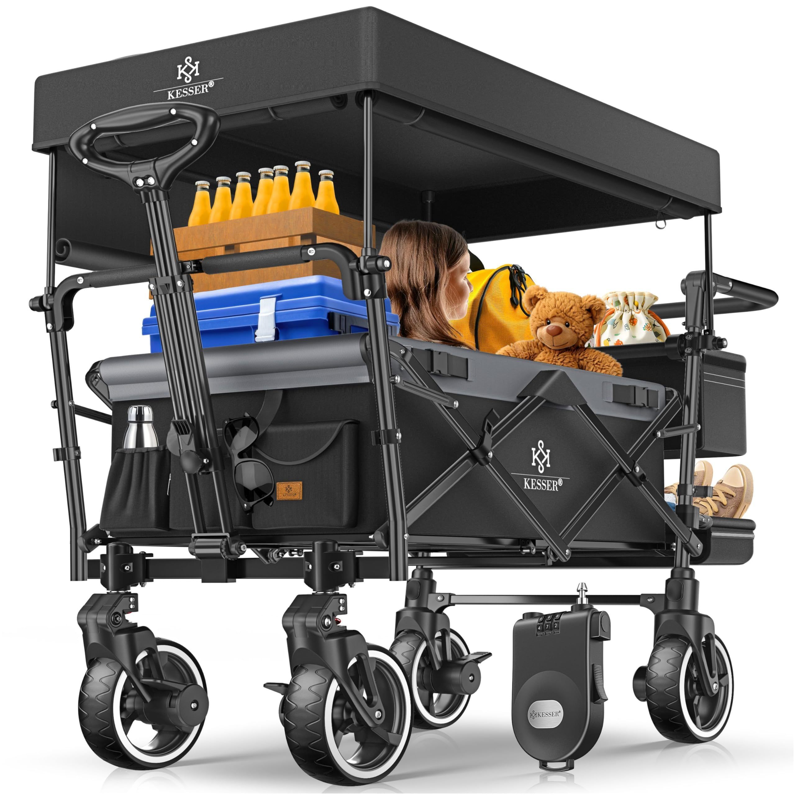 Image of Folding With Roof, Handcart, Transport Cart, Collapsible Garden Cart With Belt System, Full Rubber Tires And Brake, Stroller For Outing, Festival, Garden.