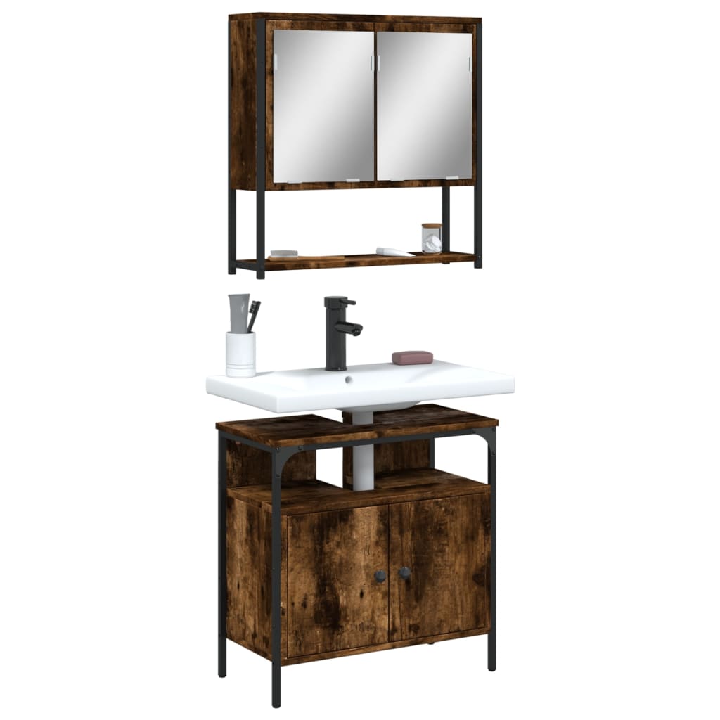 Image of Vidaxl Bathroom Furniture Set 2-pc., Bathroom Cabinet With Storage, Vanity Unit For Bathroom, Mirror Cabinet Bathroom Furniture, Modern, Smoked Oak Wood