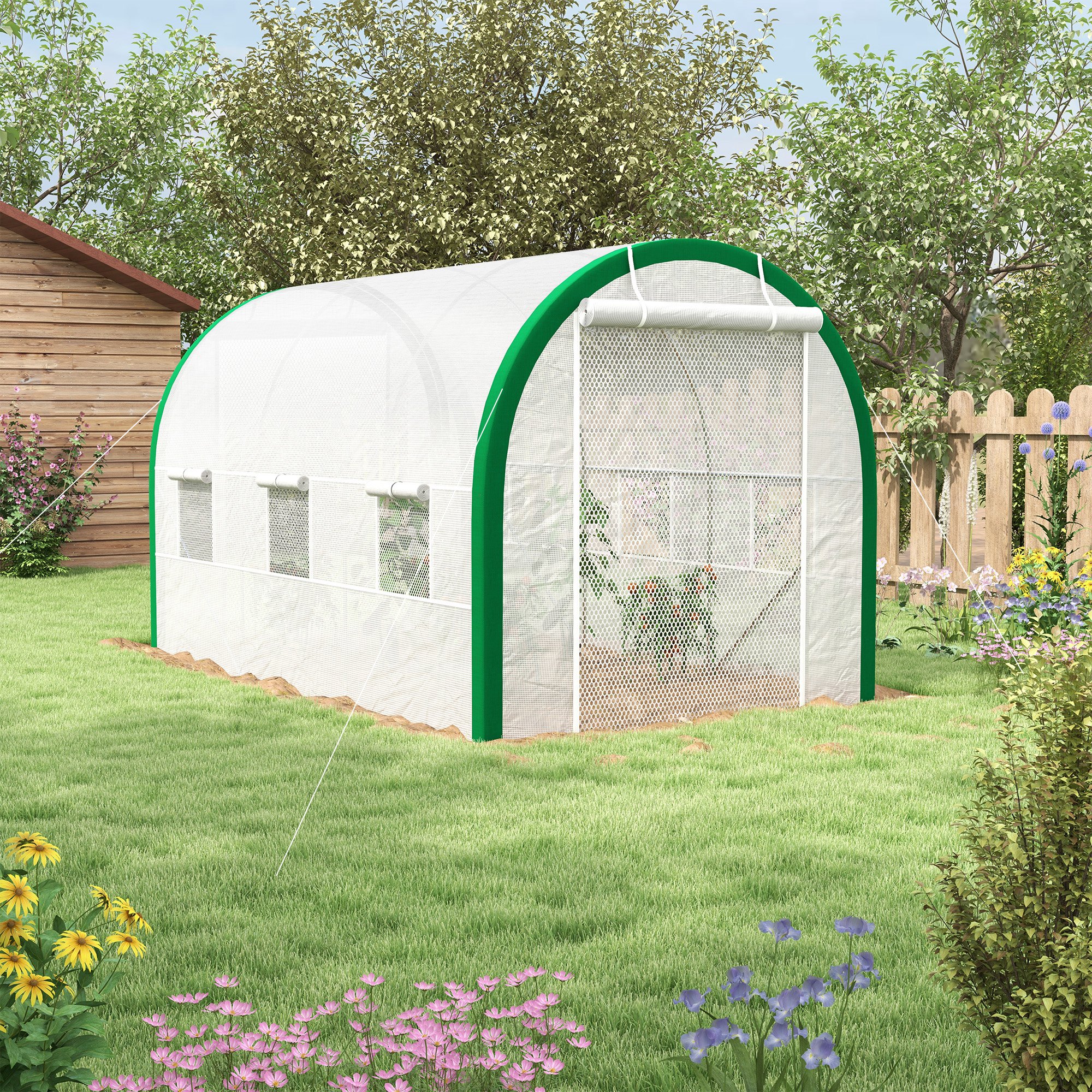 Portable Greenhouse Tunnel Greenhouse With Roll-up Door Greenhouse With Windows, For Garden, Balcony, Galvanized Steel, White
