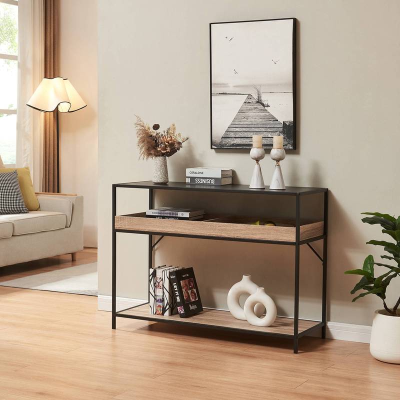 Console Table Coffee Table 110 X 40 X 80 Cm With 2 Compartments And 1 Shelf Metal Frame Black/oak Optic