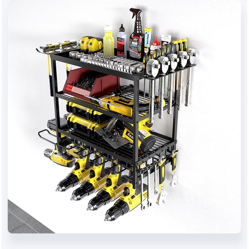 Garvee 2-tier Power Tool Organiser Wall Mounted, Heavy Duty Metal Garage Storage Rack With Cordless Drill Holder, Workshop & Shed Tool Organiser For Electric Drills, Screwdrivers And