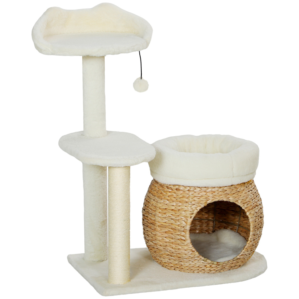 Arbre à chat PawHut 79 cm avec niche, lit, balles de jeu et griffoirs en sisal, pour chats jusqu'à 5 kg, blanc crème