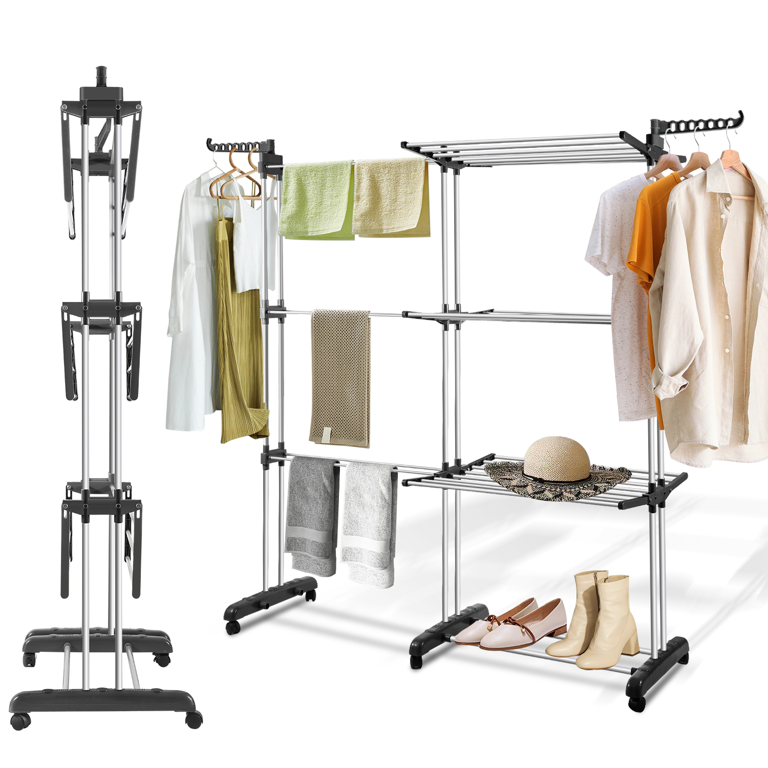 TEMU Clothes Drying Rack With Wheels, Multifunctional 4-tier Tower Clothes Drying Rack With 2 Rotating Side Wings, Foldable Freestanding Clothes-image-66471061396988