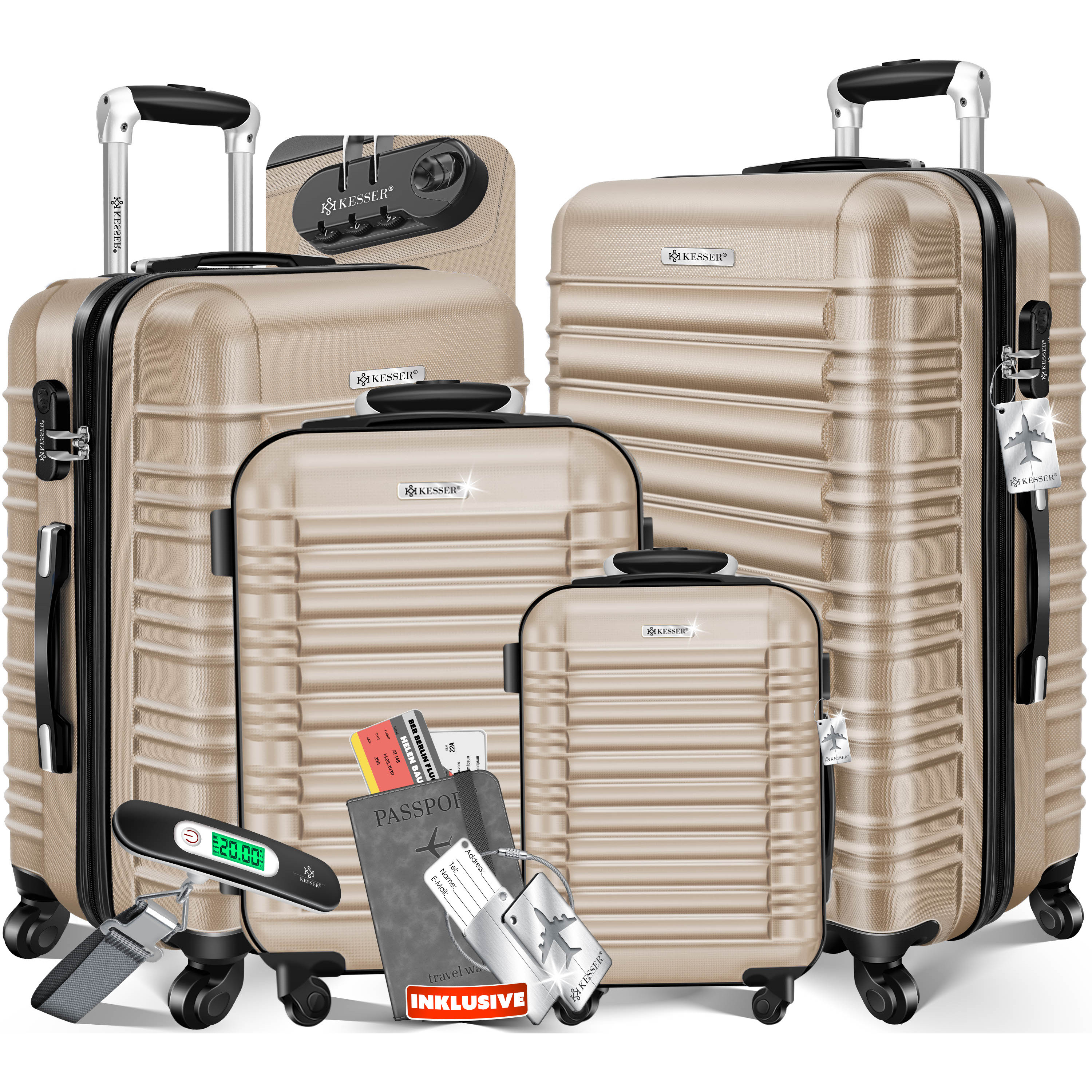 Kesser® 4-piece Hardshell Luggage Set, Travel Suitcase Set With Trolley, 4 Wheels, Abs Hardshell, Telescopic Handle, Includes Luggage Scale + Luggage Tag, Rolling Suitcase With Lock, S-m-l-xl