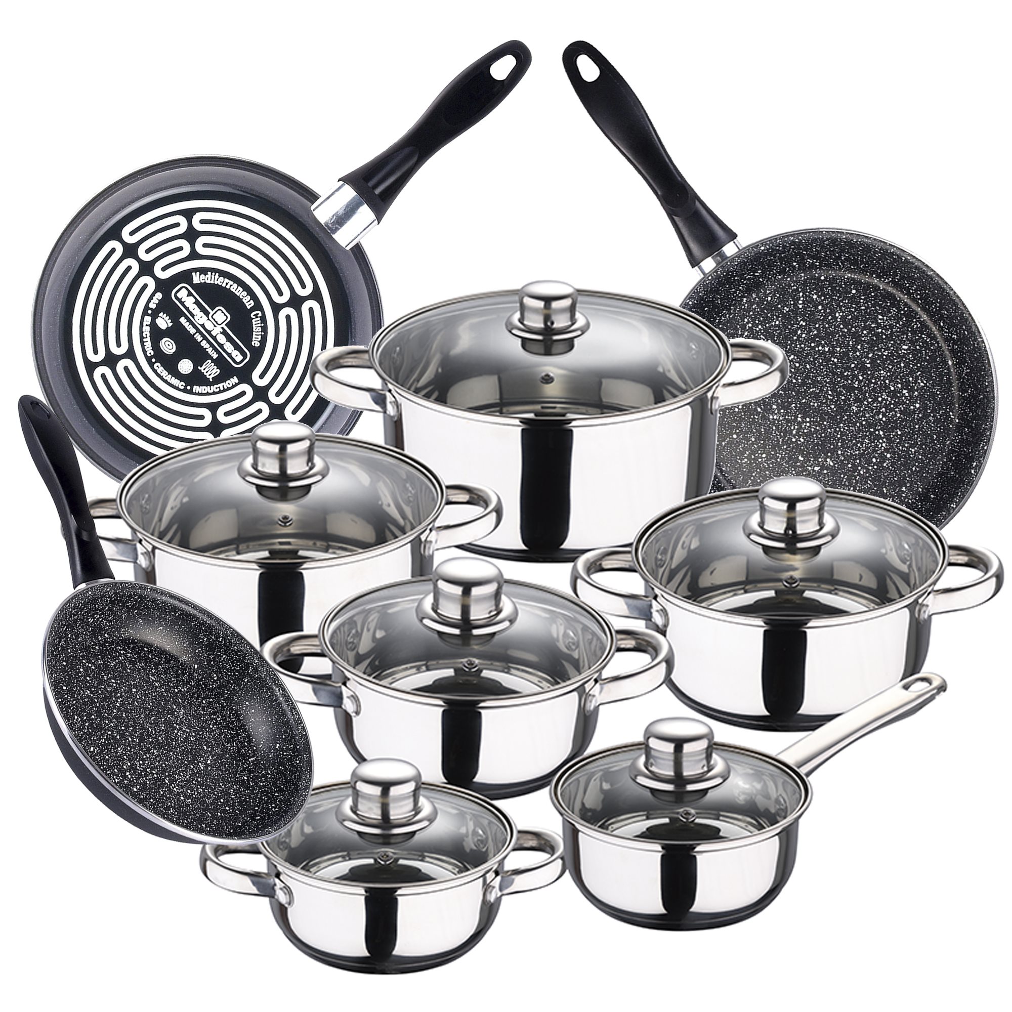 12pcs San Stainless Steel Kitchen Battery With Magefesa Gransasso Enameled Steel Pan Set (18/20/24 Cm)