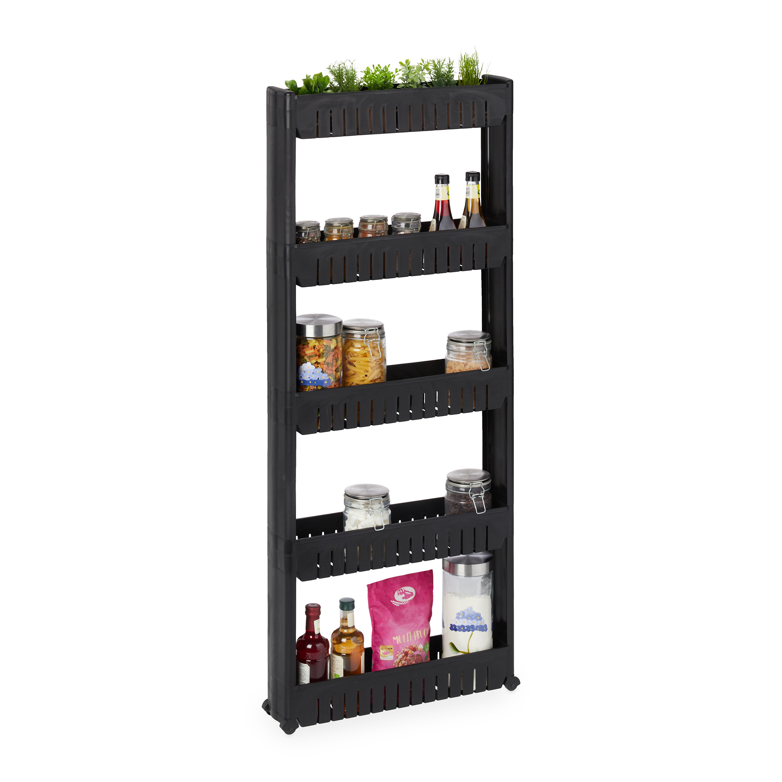 TEMU Chariot , 5 niveaux, 131 x 12.5 x 54 cm, plastique noir, 4 roulettes, montage par emboîtement, pour salle de bains, cuisine, petites pièces et