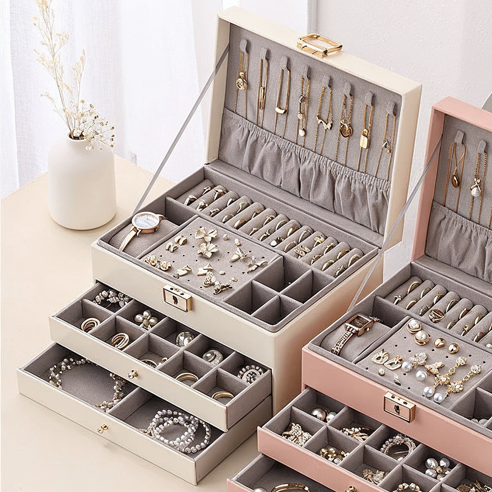 TEMU Large Jewelry Organizer Box For Women And Men, White Jewelry Box With Lock And Drawers, 3-tier Display Case, Multi Compartments For Necklace,