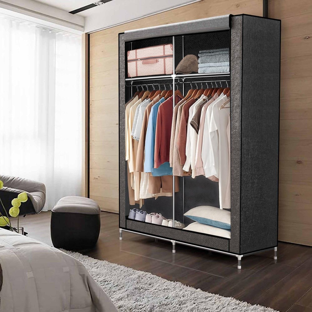 E-shop Faltschrank 108x45x170 cm- Stoffkleiderschrank mit Reißverschluss und Kleiderstange, Seitentasche und Fächern - Steckregal, Metallrahmen,