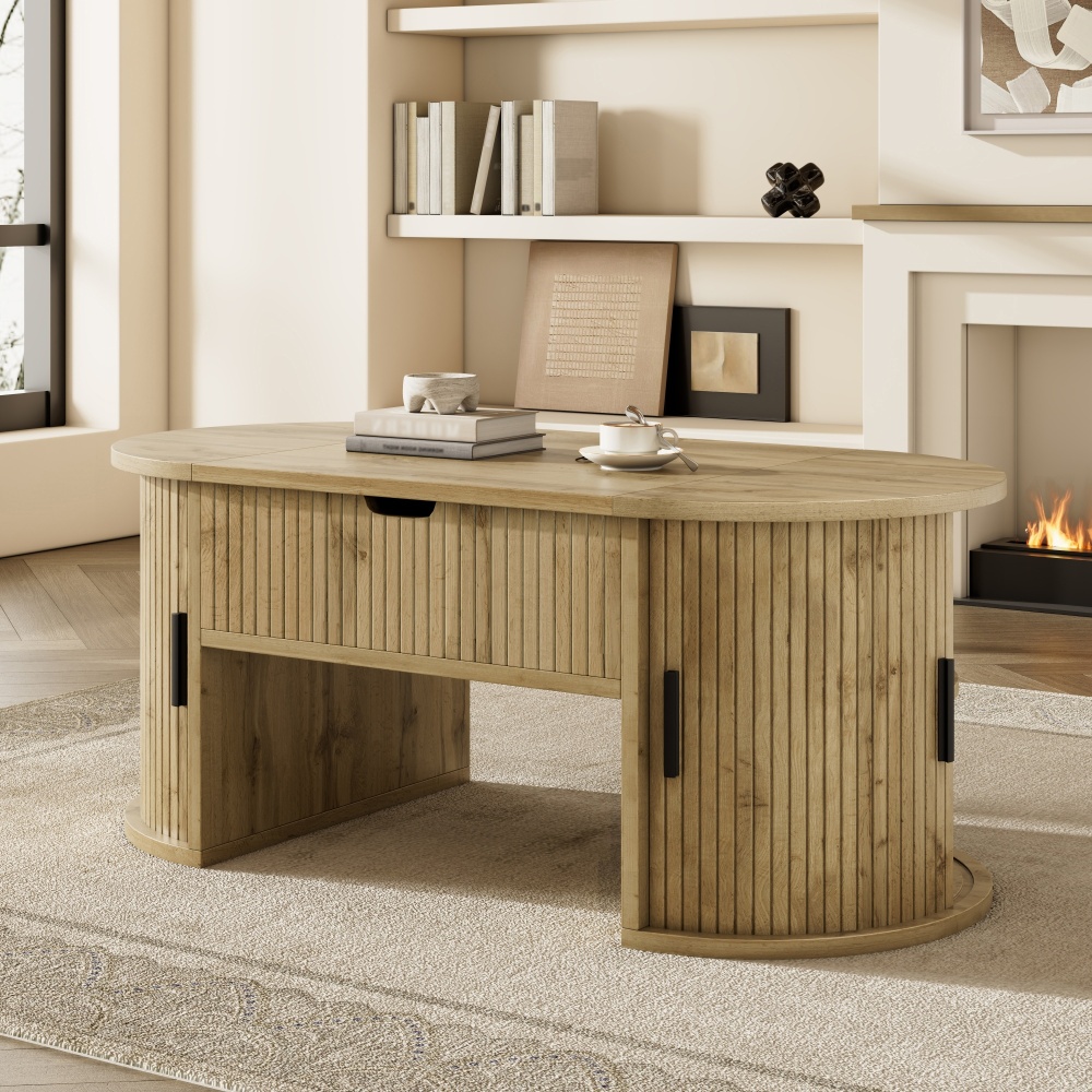 Height-adjustable Coffee Table With Storage Space, Oval Top, Sliding Doors, Open Shelves, With Retro Charm, Versatile Living Room Table