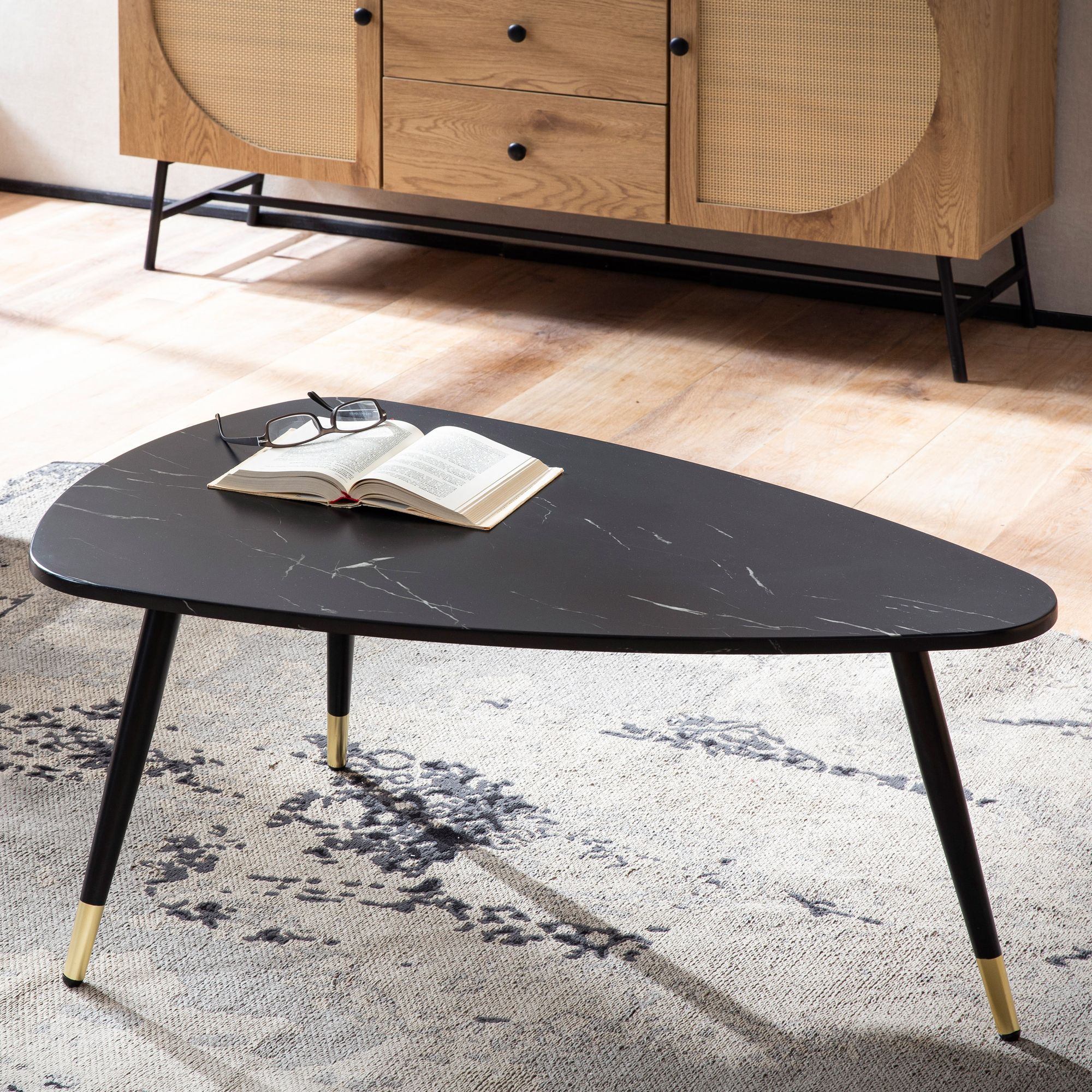 Coffee Table 90x60x41 Cm With Marble Look, Three-legged Living Room Table With Metal Frame, Triangular Sofa Table, Side Table