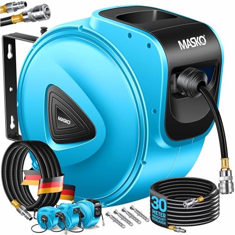 Image of Masko® Automatic Air Hose Reel 10m – Hose Drum With 1/4" Connection, Hose Reel, Wall Mount, Carrying Handle, 180° Swivel, Hose Brake, Pre-assembled &
