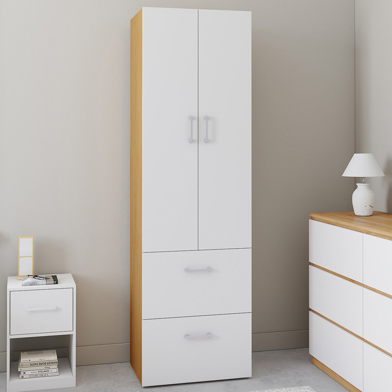 TEMU Armoire 2 portes blanc et bois penderie 50 cm avec 2 tiroirs