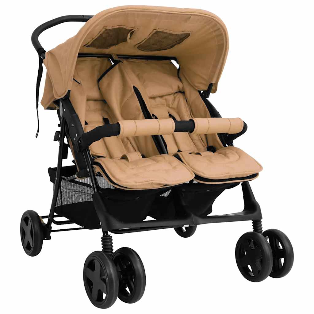 Taupe Stalen Dubbele Wandelwagen - Tweelingwagen, 2-Persoons Wandelwagen, Opvouwbare Wandelwagen, Lichtgewicht Wandelwagen, Wandelwagen Accessoires