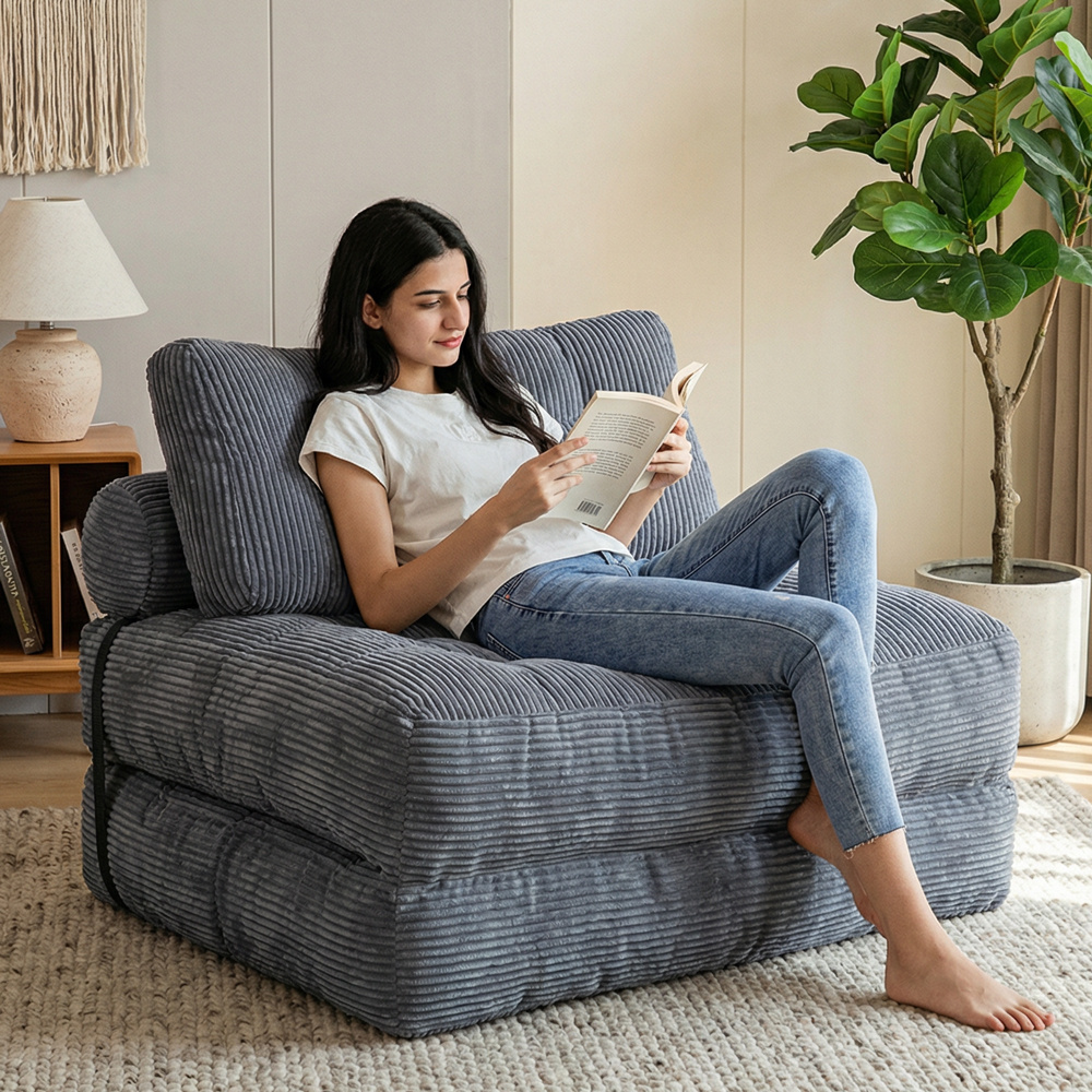 TEMU Foldable Convertible Corduroy Floor Sofa Bed, Multi Function Single Lazy Floor Couch With Hidden Quick Release Adjustable Strap Tufted Stitching