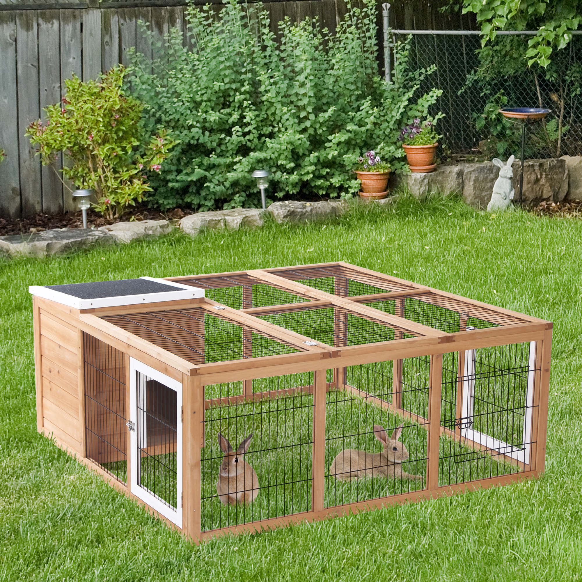 Rabbit Hutch Made Of Wood With Spacious Run, Rabbit Cage With Foldable Roof, Spacious Outdoor Enclosure 123x120x52 Cm For Small Animals, Rabbits, For Indoor And Outdoor Use .