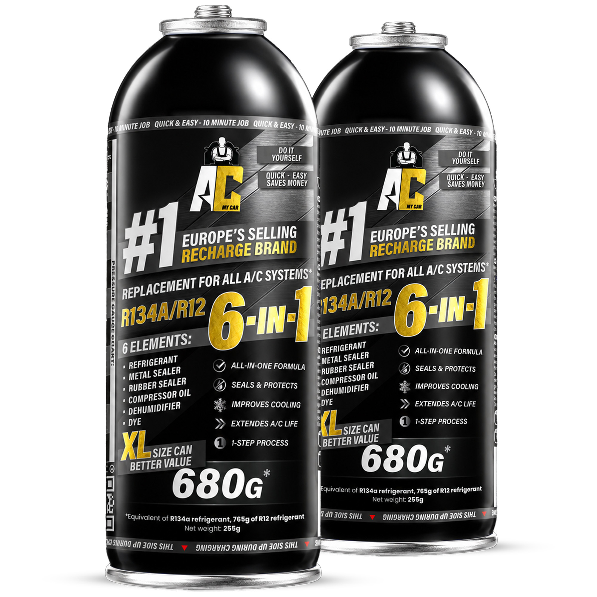 TEMU Acmycar 2x 6-in-1 R134a – A Set Of 2 6-in-1 Cans For R134a Car Air Conditioning, Includes 2 Acmycar® 6-in-1 Cans Of 255 G Each, Equivalent To