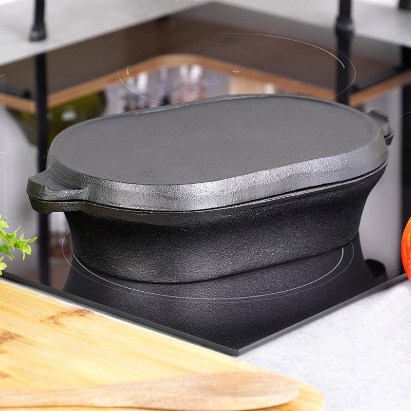 E-shop Professionelle Dutch Oven aus Gusseisen mit 2-in-1 Deckel, Kleine Dutch Oven zum Backen, und Grillen, Schwarzer Topf mit Grillpfannenfunktion,