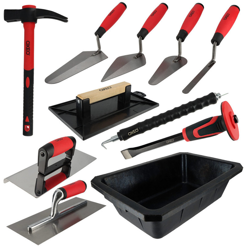 TEMU Kit 11 outils maçonnerie - 4 truelles - Taloche - platoir - Auge 10L - Fer à bordure - Torsadeuse fil de fer - Marteau - Burin