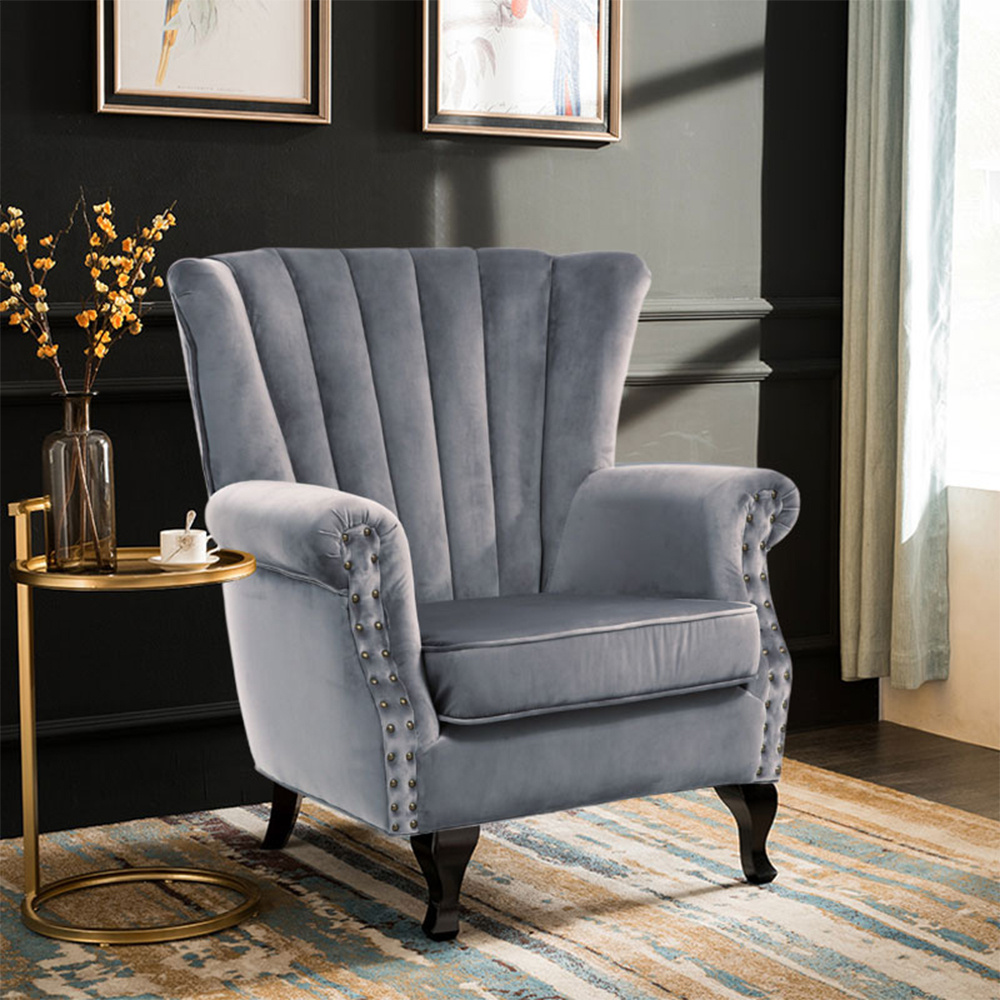 TEMU 1pc, Gray Fabric Upholstered Armchair, Large Ribbed Wingback Modern Accent Lounge Chair With Sturdy Solid Rubberwood Legs - For Living Room Or