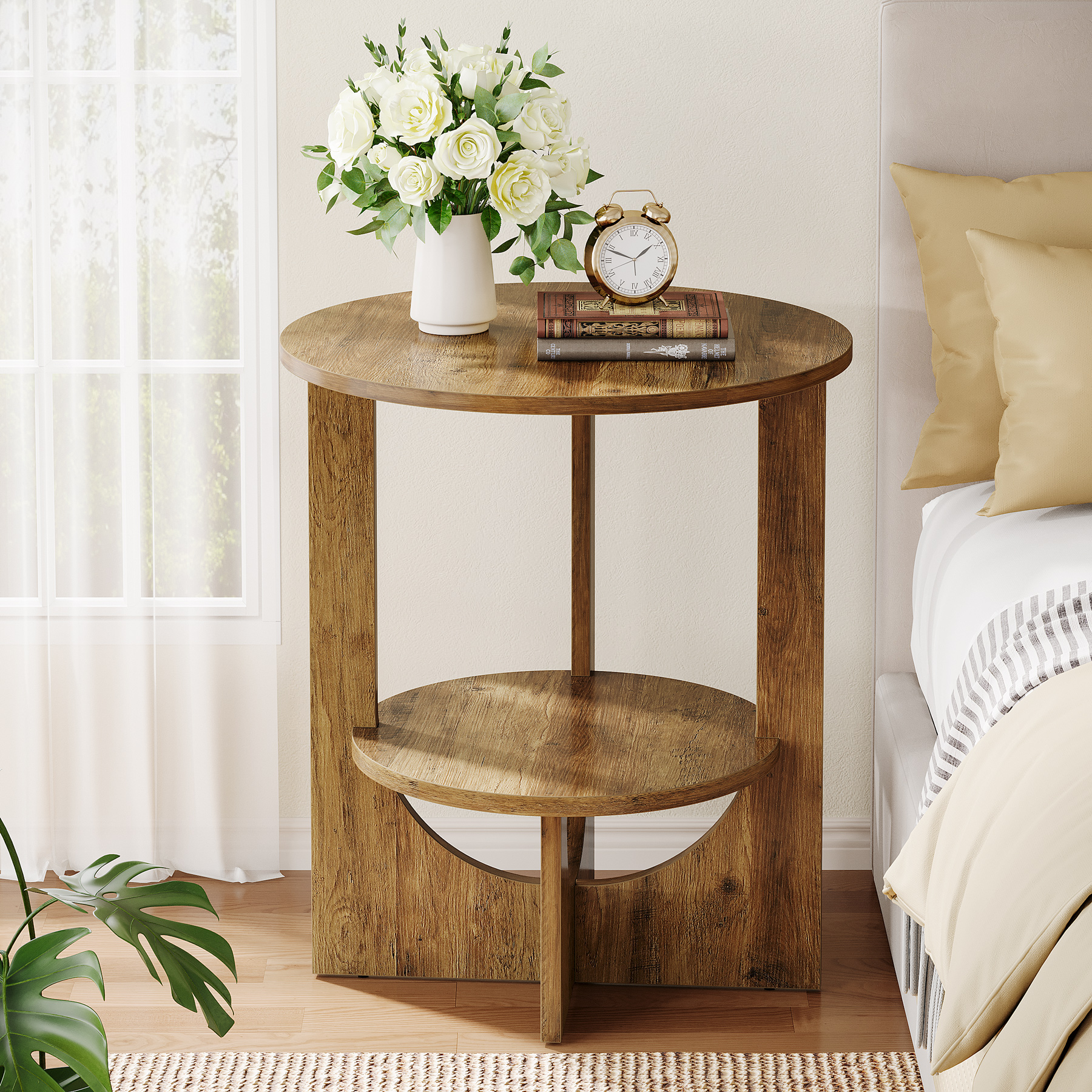 Round End Table With Storage, 2-tier Tall Side Table For Living Room, Bedroom & Small Spaces, Modern Narrow Nightstand, Easy Assembly, Brown