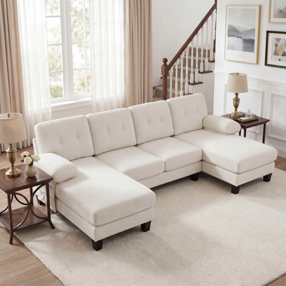 Corner Sofa With Double Chaise Longue, Chenille Fabric, Removable Armrests & Side Pockets