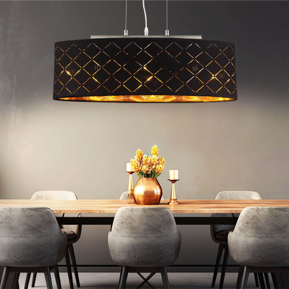Image of Hanging Ceiling Light Pendant Lamp For Dining Table, Living Room, 3-flame Cutouts, Metal Textile Black Gold, 3x Led 7w 806lm 2700k, Lxwxh 65x25x140cm