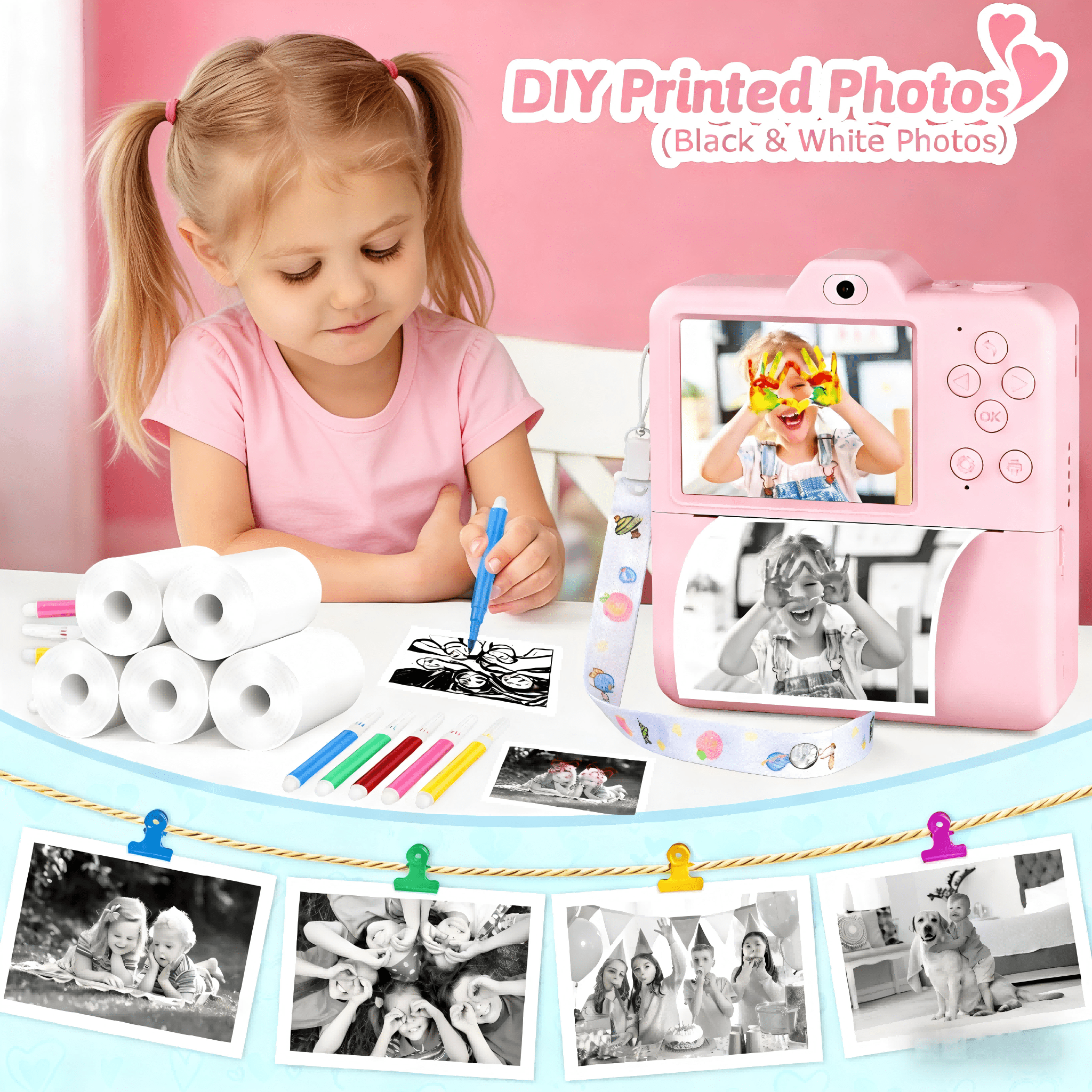TEMU Kids Camera Instant Print - 1080p Hd Video Children Cameras 2.4" Instant Camera For Kids With 5 Rolls Photo Paper & 5 Pens & 1 Strap, Christmas