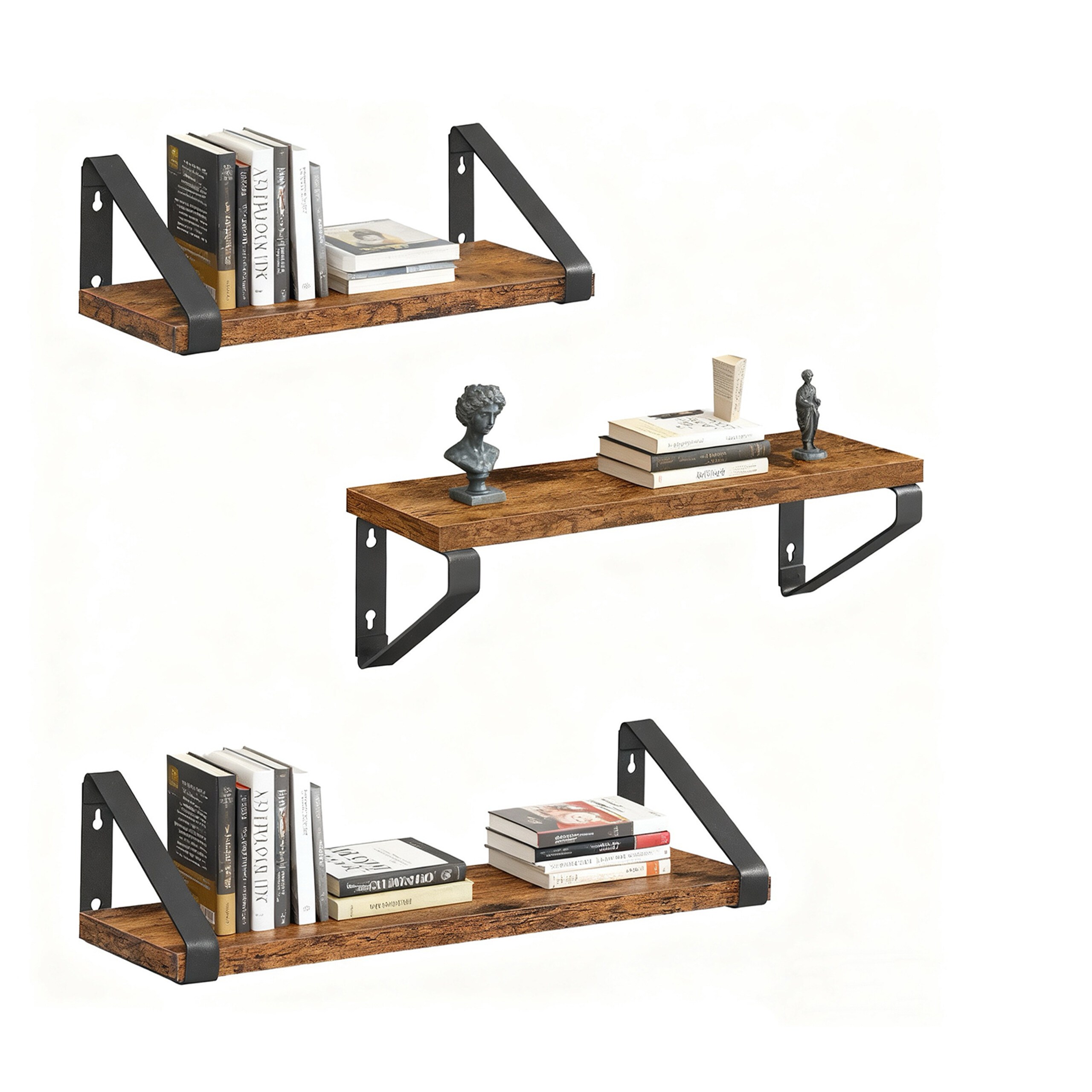 TEMU Wandregale vintage-braun, 3er Set, 3 Größen 11 x 30 x 12 cm, 11 x 35 x 12 cm und 11 x 40 x 12 cm, Holzwerkstoff und Eisen in Holzoptik, für