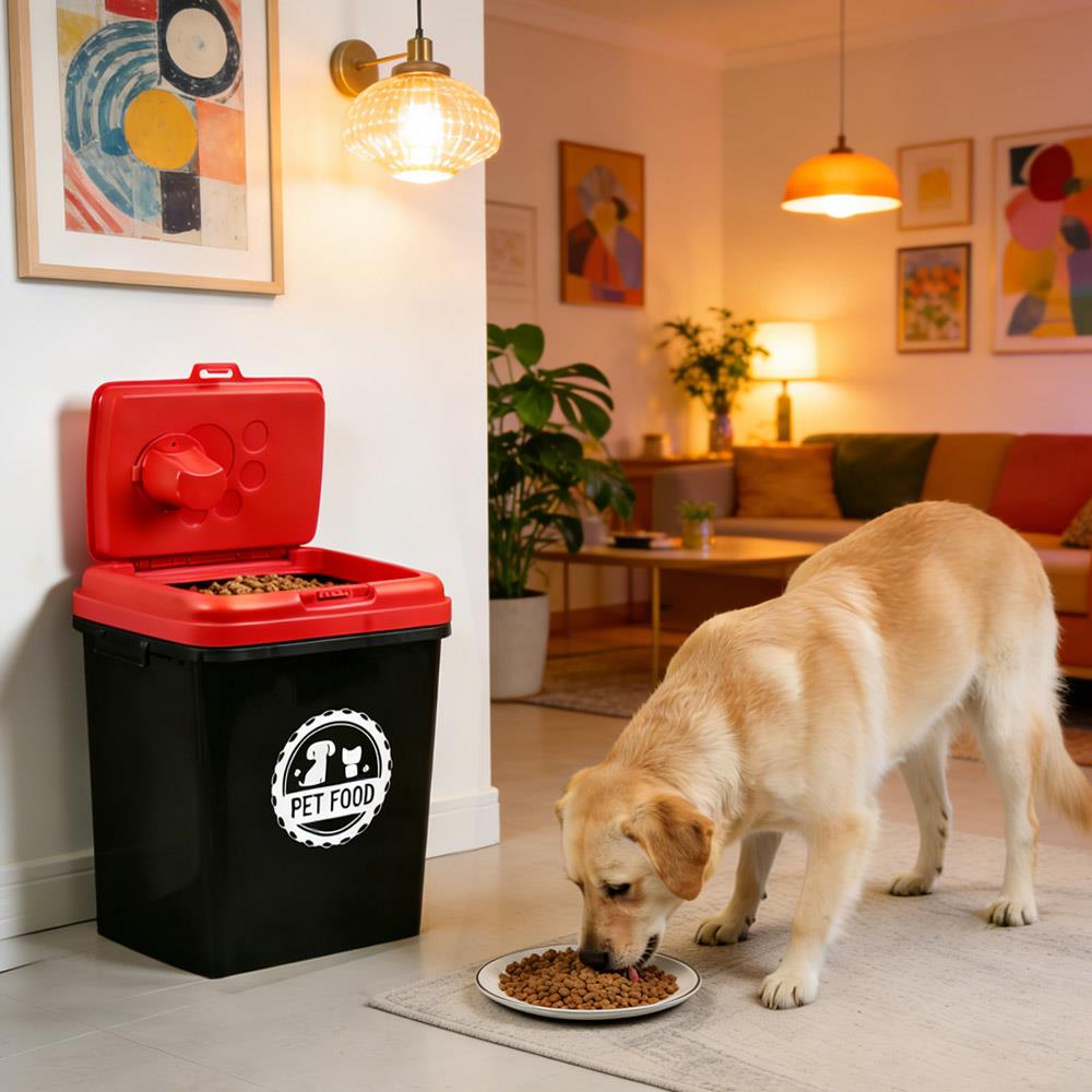 40L Pet Food Storage Container Airtight with Flip Top Lock – Holds 15kg Dry Food, Plastic Food Dispenser Bin with Scoop for Dog Cat Bird Fish Food Black/Grey
