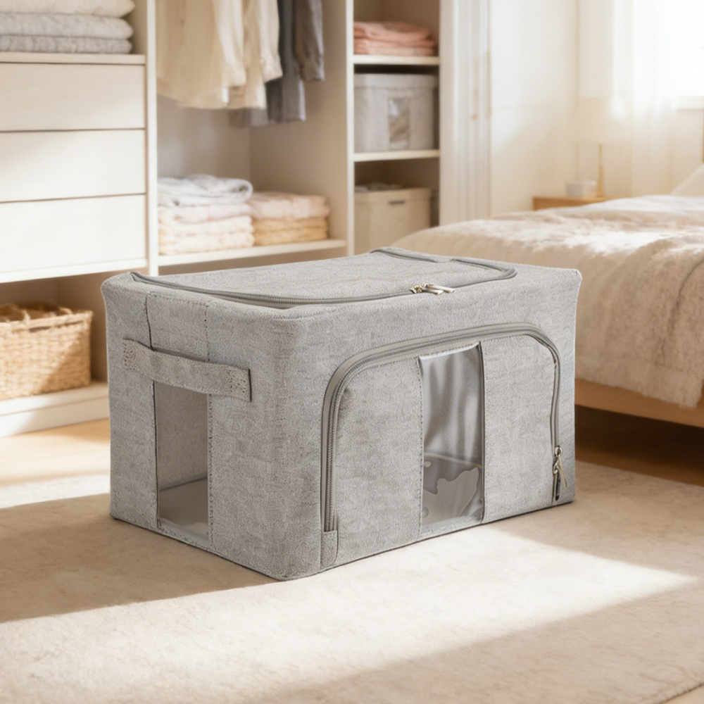 Image of Large Foldable Storage Box With Clear Windows Thick Cotton Linen Storage Bag Household Essential Closet Organizer Bins Space-saving Stackable For Clothes, Blankets, Quilt & Bedding Zipper Closure