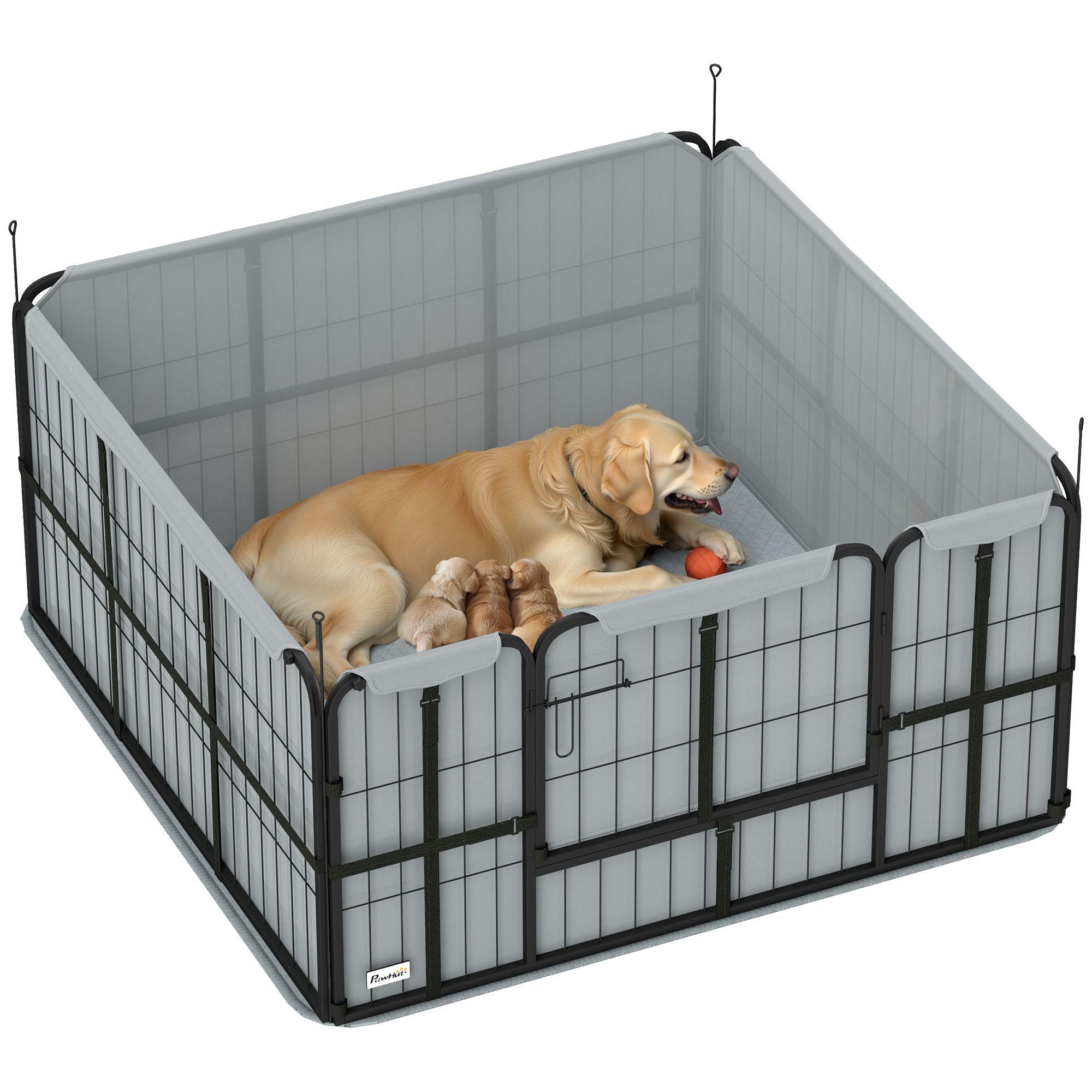 Image of Pawhut Whelping Box For Dogs, Dog Whelping Box, With Lockable Door, 600d Oxford Fabric, Washable , Dog Enclosure, Steel, 122 X 122 X 60 Cm, Black