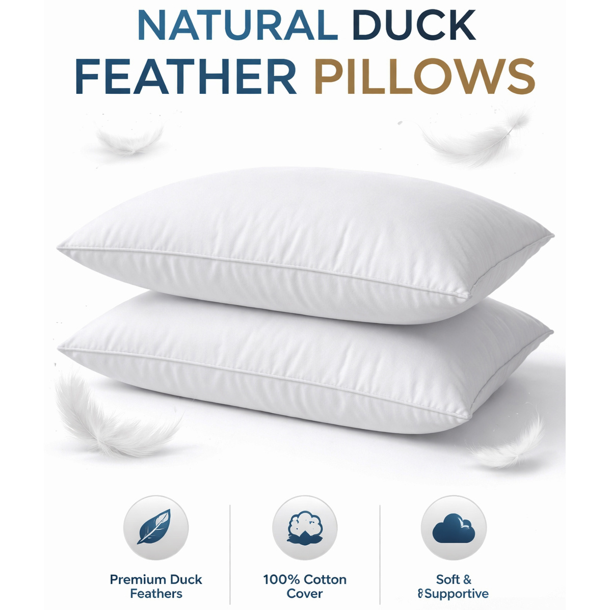 Duck Feather and Down Bed Pillow, Soft and Plump Hotel Quality Pillow, Natural Filling 85% Feather 15% Down, Polycotton Cambric Cover, UK Made