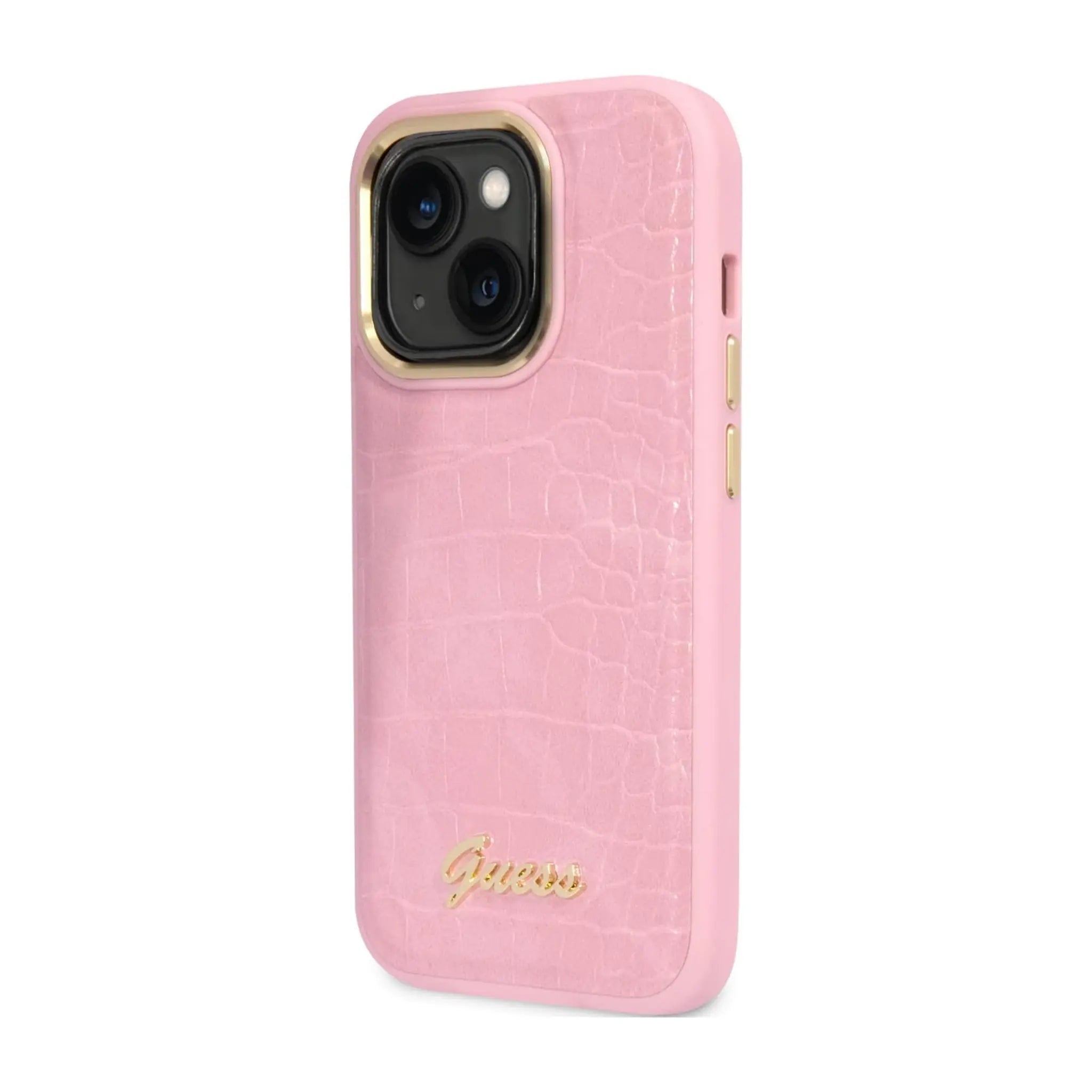 Guess Croco Collection Protective Case for iPhone 14 | Model GUHCP14SHGCRHP | Stylish Pink Hard Case with Crocodile Embossing | Premium Finish with Shiny Guess Logo | Shock-Absorbing Full-Body Protection with Precise Cutouts | Supports Wireless Charging | Color: Pink