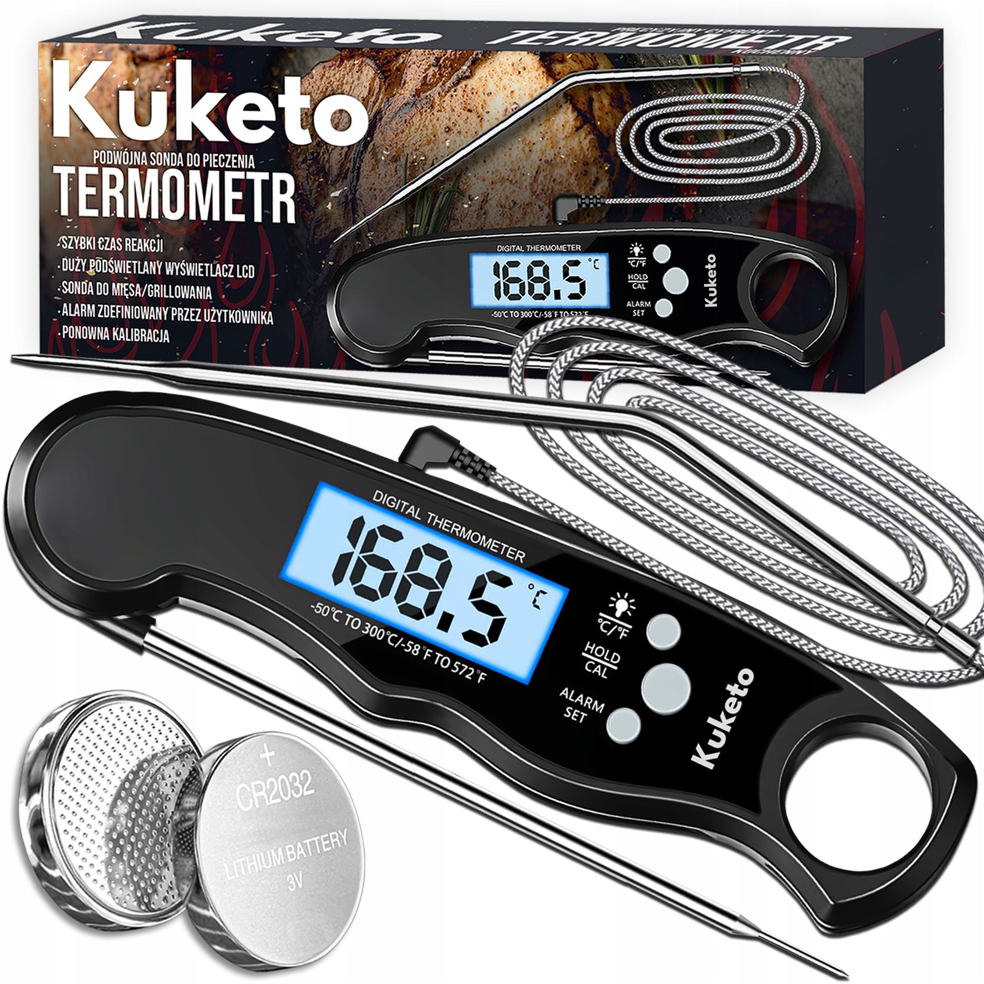 E-shop Kuketo - Elektronisches Küchenthermometer mit Fleischsonde für Grillen, Backen, Würstchen, Steaks, Fisch, Kuchen, LCD, Schnelle und Präzise
