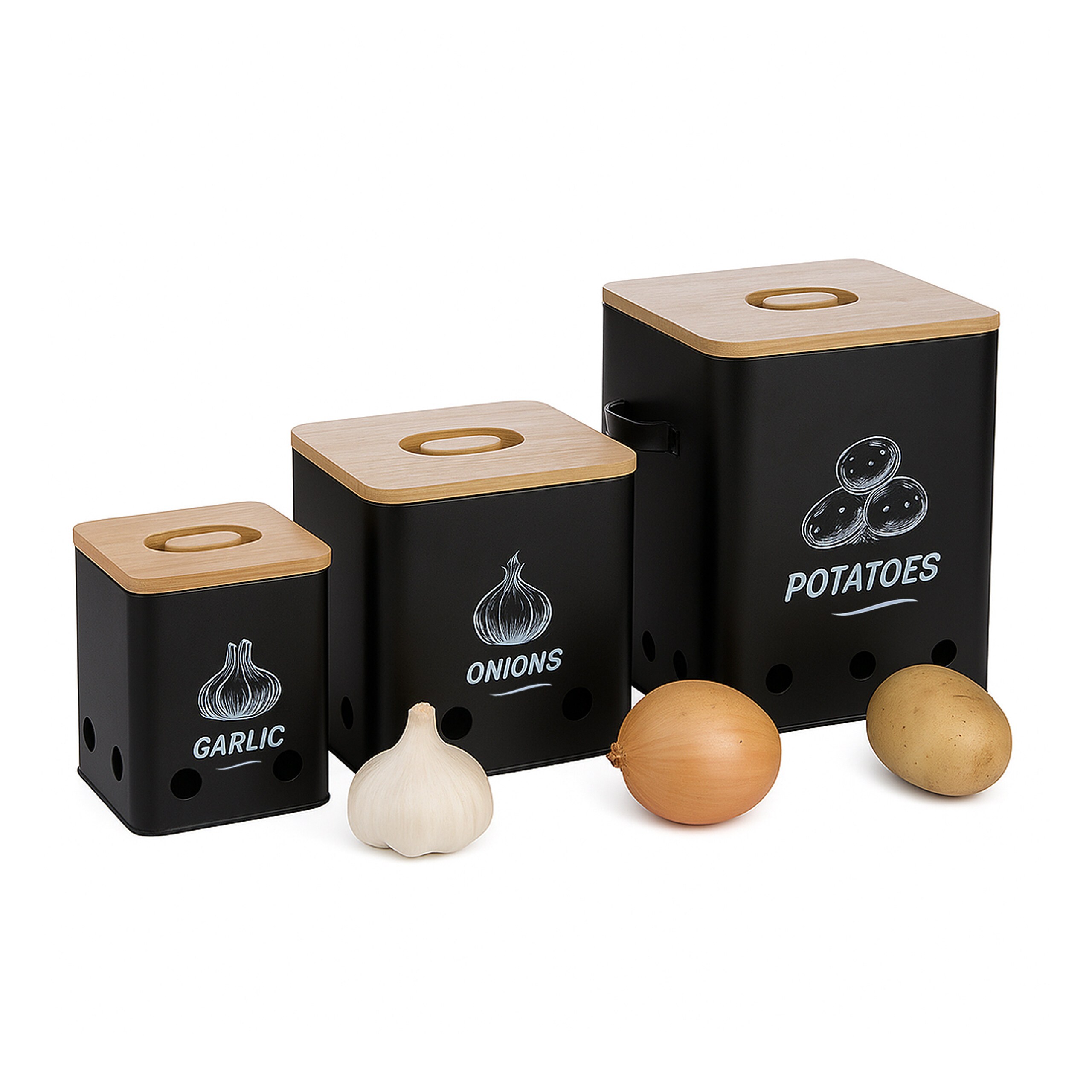 3 X Potato Storage Box In Black/natural