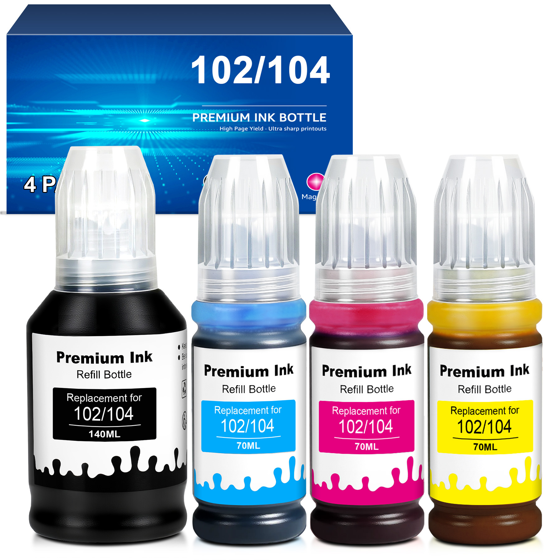 104 Ink Bottles Compatible With Epson 102 104 Ink Et-2870 Et-4800 Et-2876 Et-2862 Et-2861 Et-2820 Et-2810 Et-2826 Et-2856 Et-2875 Et-4810 Et-2811 Et-2812 Et-2814 (4p)