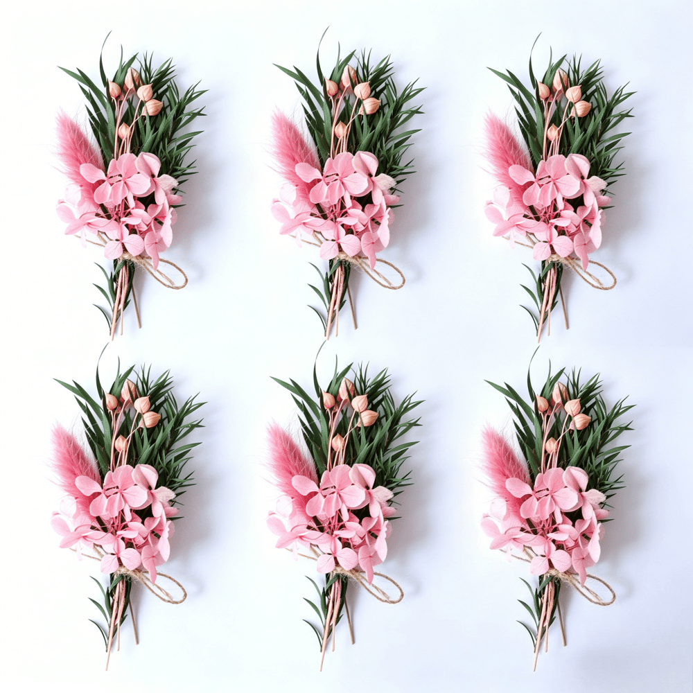 6-pack Mini Dried Flower Bouquets – In Pink Tones, Featuring Pink , Pink Meadowfoam, , And Green Leaves; Ideal For Decorating Table Vases And Diy Projects Like Greeting Cards And Gifts