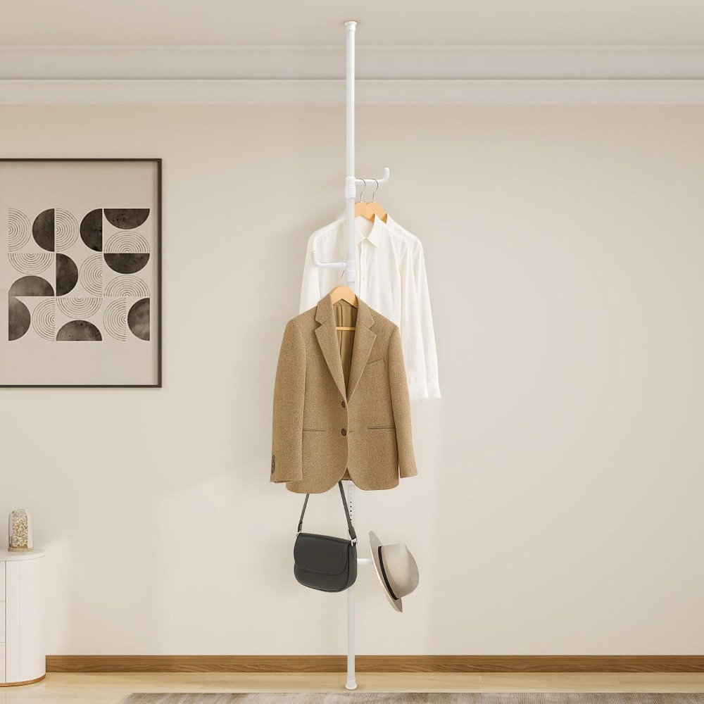 Space- Telescopic Clothes Rack, Extendable Coat Stand With 5 Hooks For Living Room, Balcony, And Kitchen