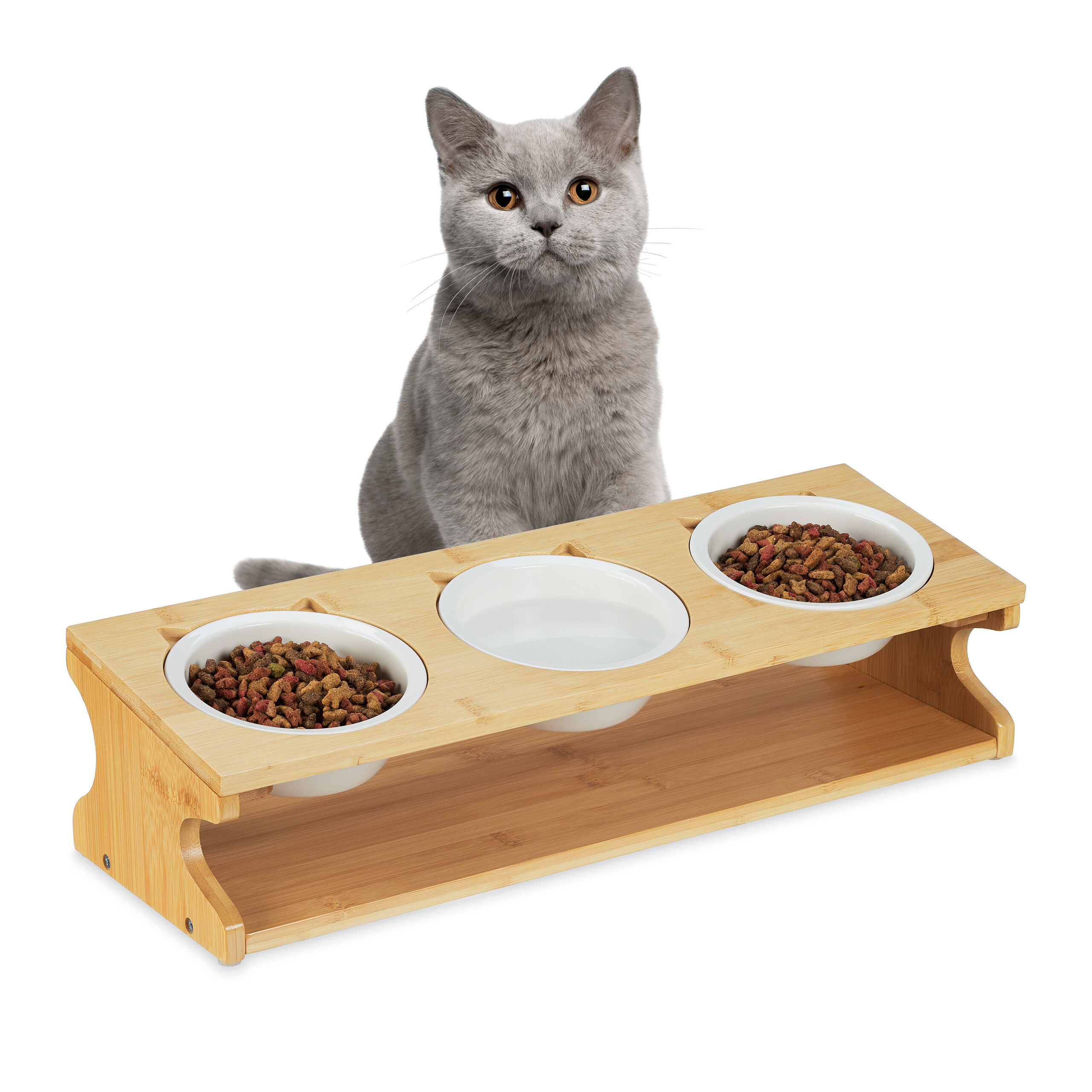 Image of Cat Feeding Station In Natural/white - (w)51 X (h)13.5 X (d)17.5 Cm