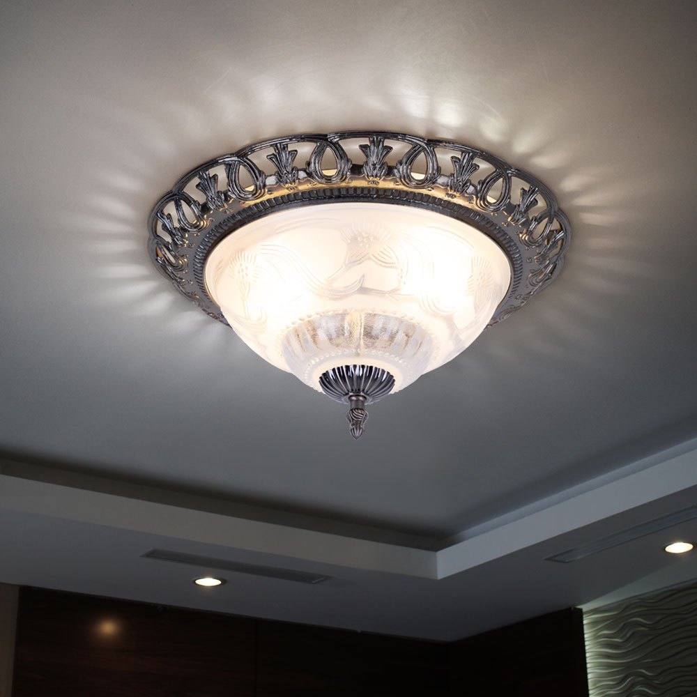 Image of White Ceiling Lamp Antique Silvery Round Ceiling Light, Retro Lamp With Mother-of-pearl Ornate Elements, Metal, 2x E14 Sockets, Dxh 33x17 Cm