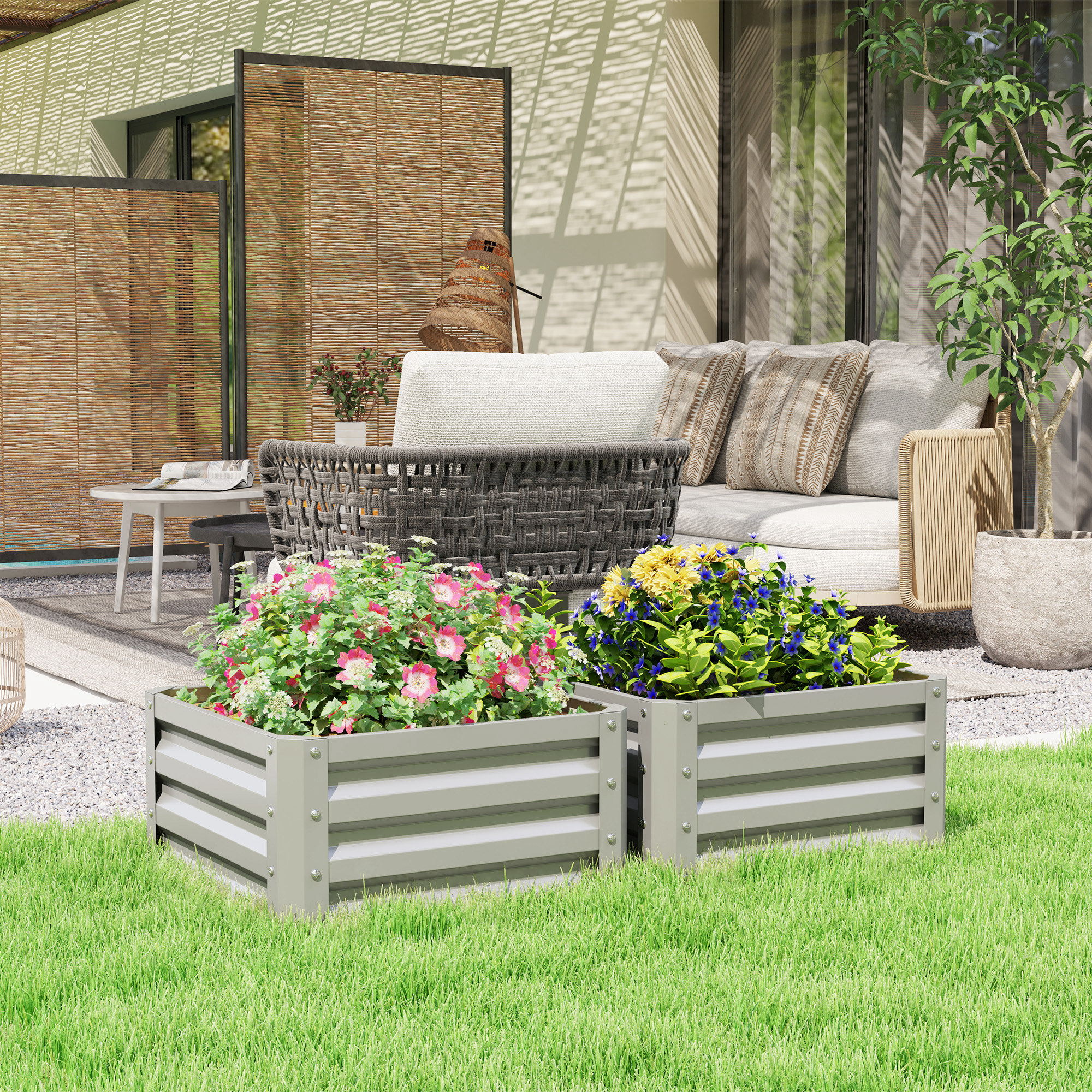 TEMU Set Of 2 Raised Garden Bed, Outdoor Planter Box With Galvanised For Growing Vegetables, Flowers And Herbs, 60 X 60 X 30.5 Cm, Light Grey