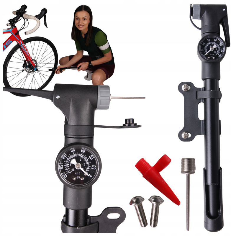 TEMU Bicycle Pump With Pro 8 Bar Manometer, Aluminum, Lightweight, Adjustable, With Bike Holder, Rotating Manometer, Ends For Bike, Balls And