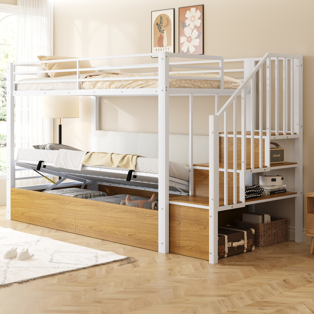 Image of 90 X 200 Cm, Hydraulic Storage Loft Bed, Staircase With Storage Compartments, Soft Pu Backrest, High Protective Railing, Metal To 120kg, Staircase Mounted , Wall-mounted For Stability.