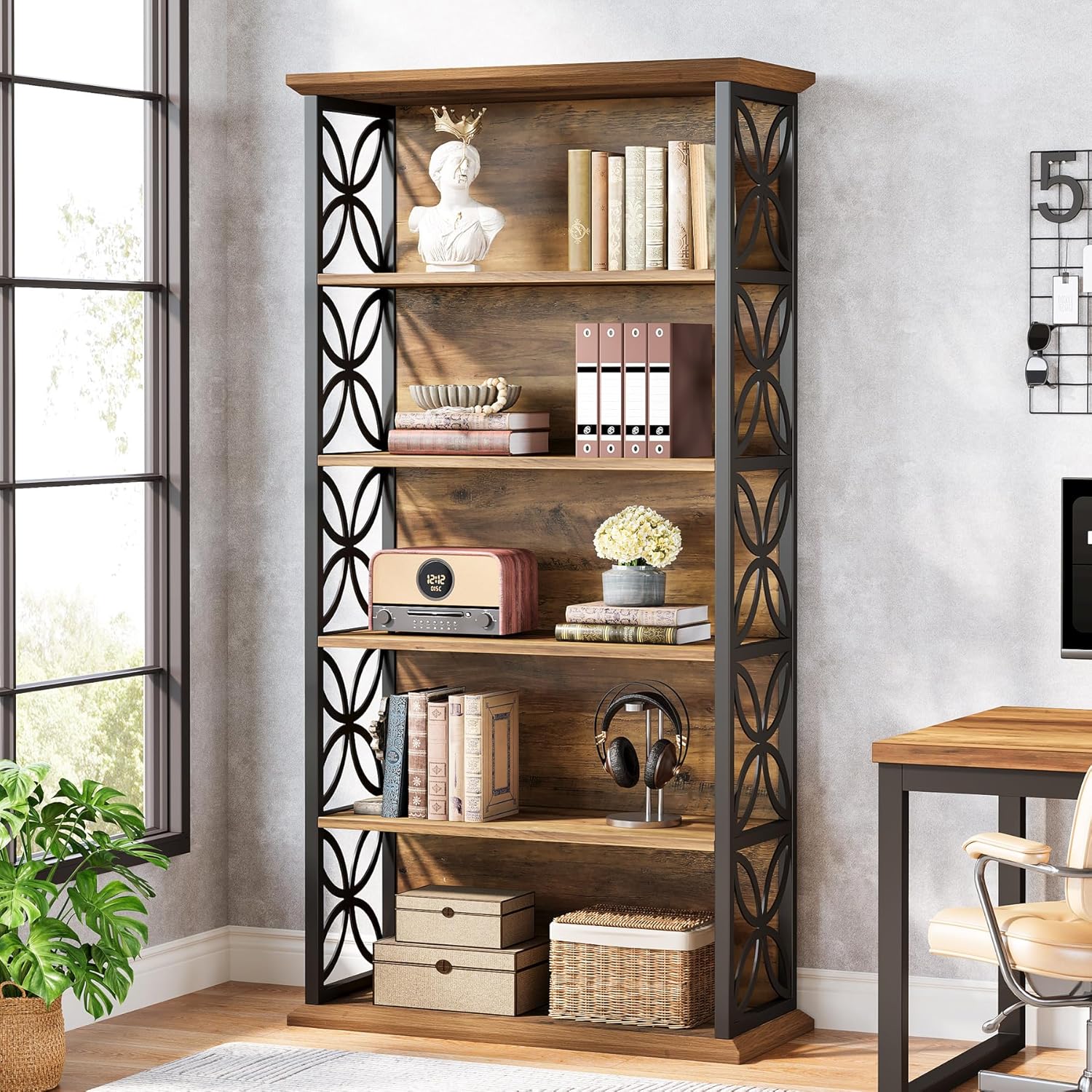 Industrial 5 Tier Bookcase, 180 Cm Tall Bookcase With Metal Frame, Freestanding Open Storage Shelves For Home Office, Living Room, Bedroom, Kitchen, 1pc, Brown