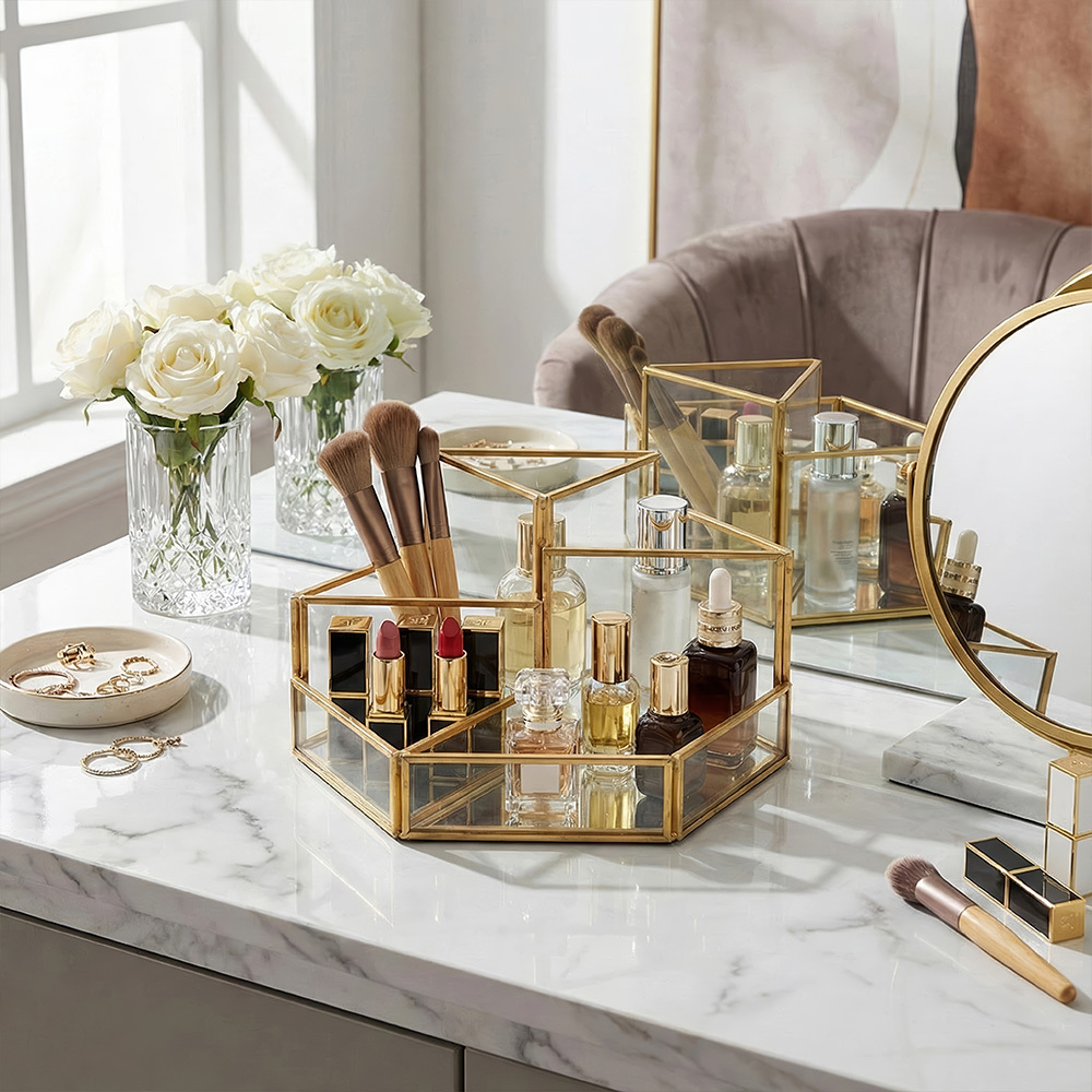 5-Compartment Vintage Style Brush Organizer with Mirror Base