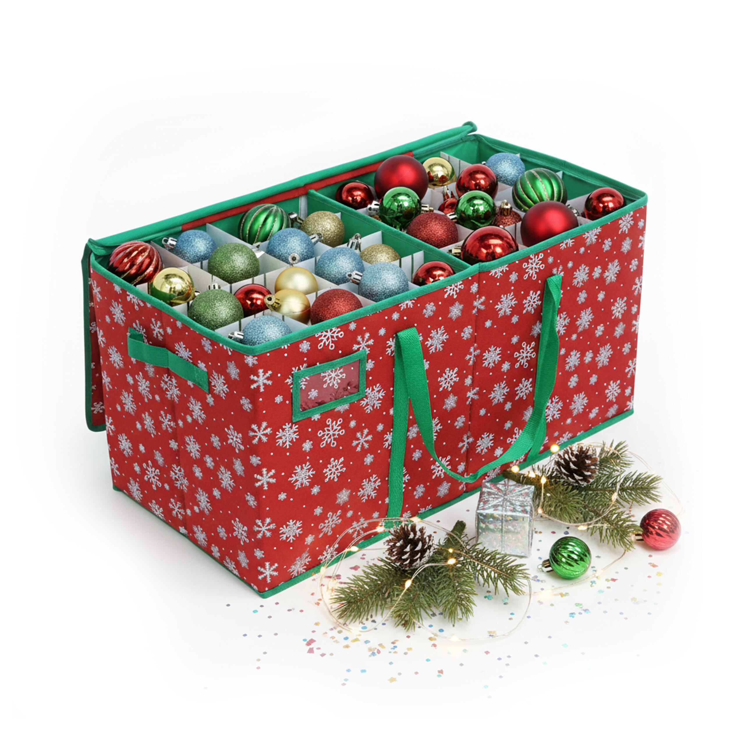Image of Christmas Ball Storage Box "snowflakes" In Red/green