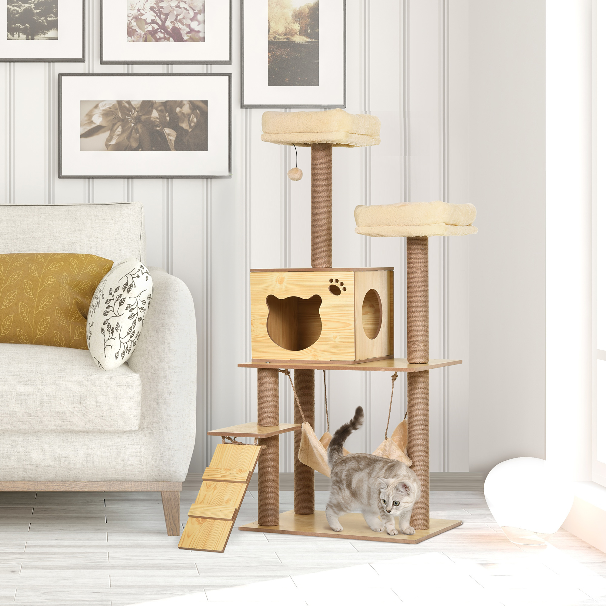 Pawhut Contemporary Design Cat Tree Scratching Posts Natural Sisal Platforms Hammock Ball Panels Beige Particles
