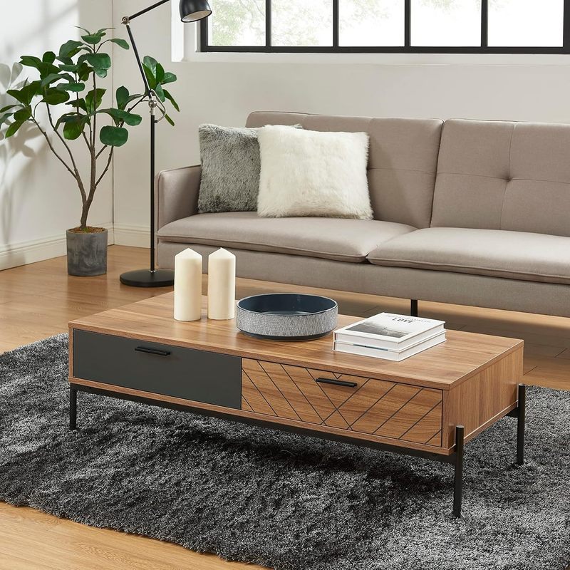 TEMU Table basse 115 cm effet foncé et , table de salon avec tiroirs, rangement et pieds métal noir