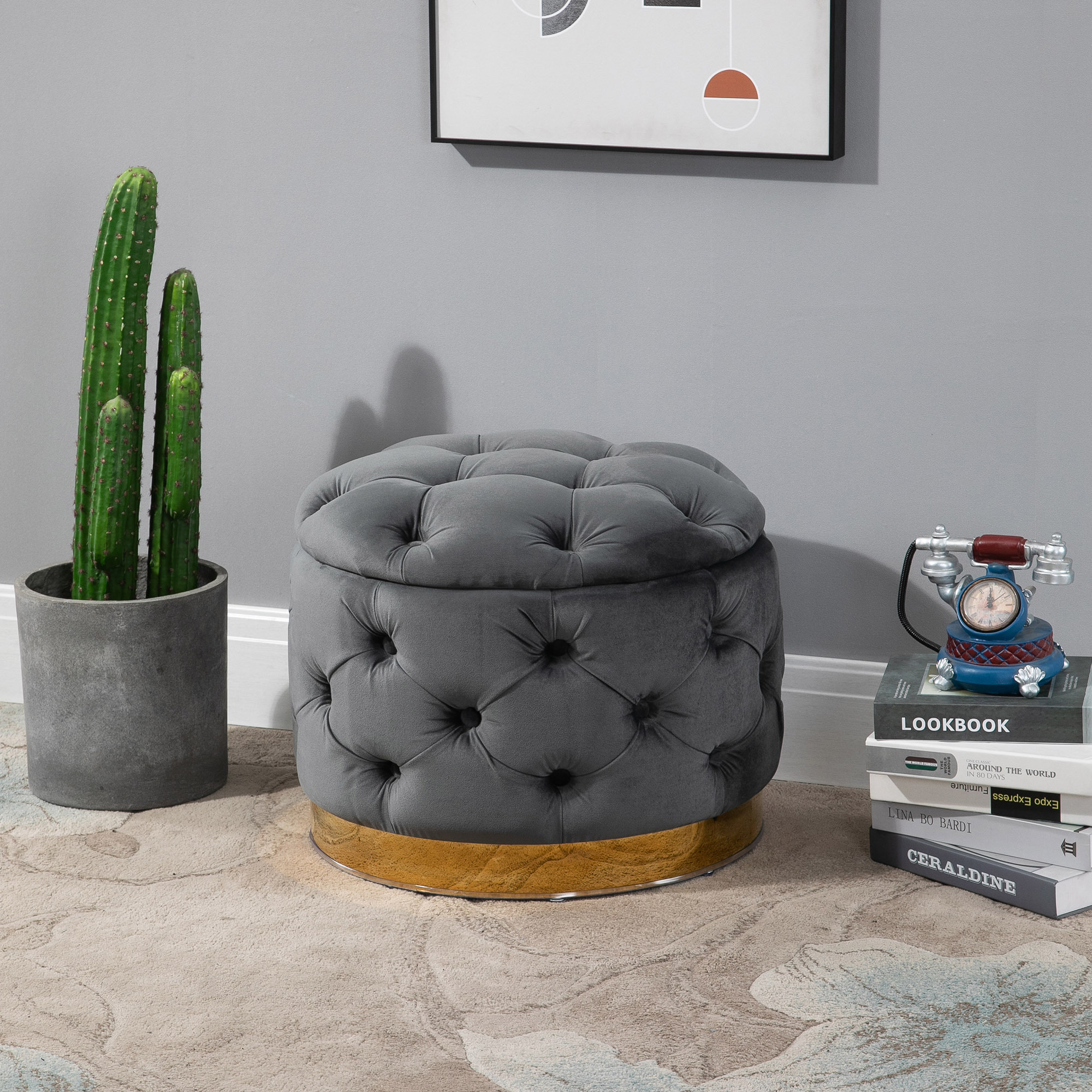 Image of Vintage Stool, Storage Stool Bench Footstool With Storage, Upholstered Stool, Metal, Foam, , 55 X 55 X 42 Cm